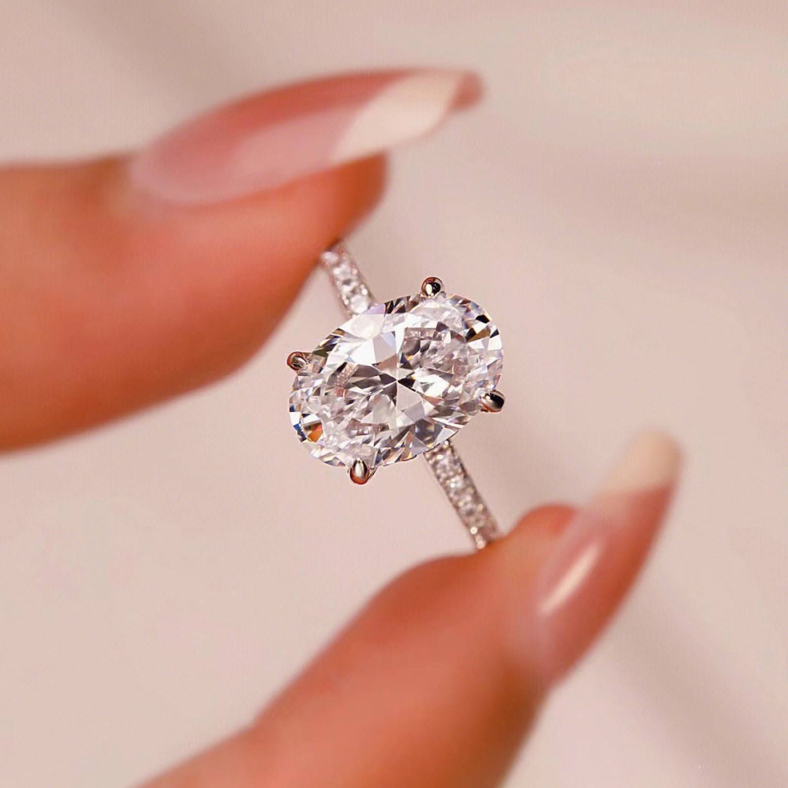 Moissanite Engagement Ring for Women - Oval Solitaire Halo CZ Wedding Band for Bridal Jewelry & Travel