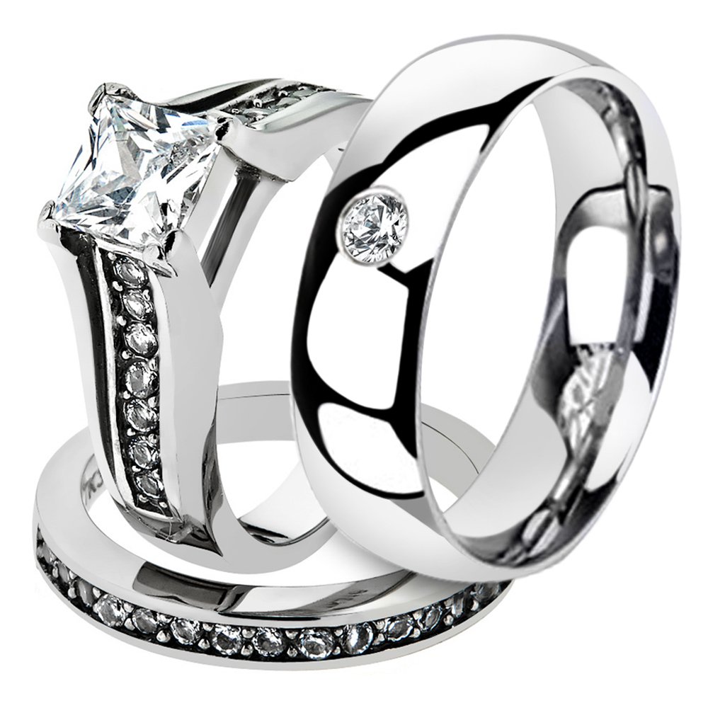 His & Her Wedding Set - 3PC Stainless Steel 2.10CT CZ Bridal & Men's Zirconia Band for Engagement & Anniversary