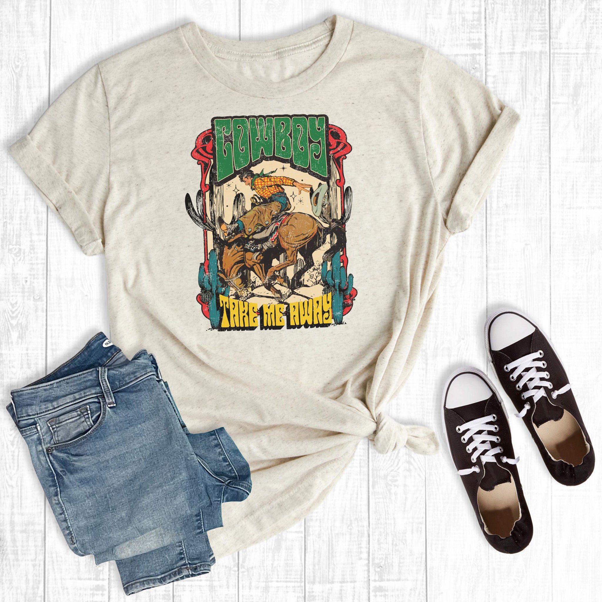 Vintage Cowboy Take Me Away T-Shirt - Soft Cotton Graphic Tee for Women - Perfect for Concerts, Rodeos & Western Style Outfits