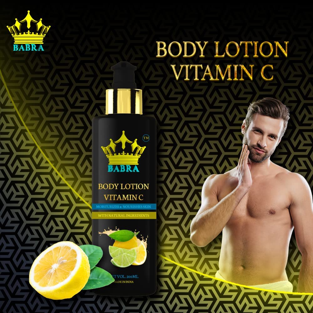 Babra Vitamin C Body Lotion for Men & Women - 100% Natural Moisturizer for Dry & Normal Skin | Deep Hydration & 72h Moisture Lock | Brightens & Nourishes for Healthy Glow | 200ml - Perfect for Daily Skincare Routine, Post-Workout Recovery & Winter Dryness Relief