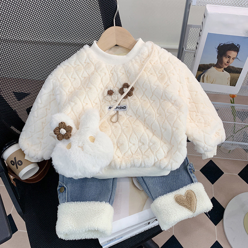 Adorable Girls' Plush Bunny Print Two-Piece Sweater and Jeans Outfit Set - Soft & Comfortable Toddler Clothes for Playdates, Birthday Parties & Family Photos