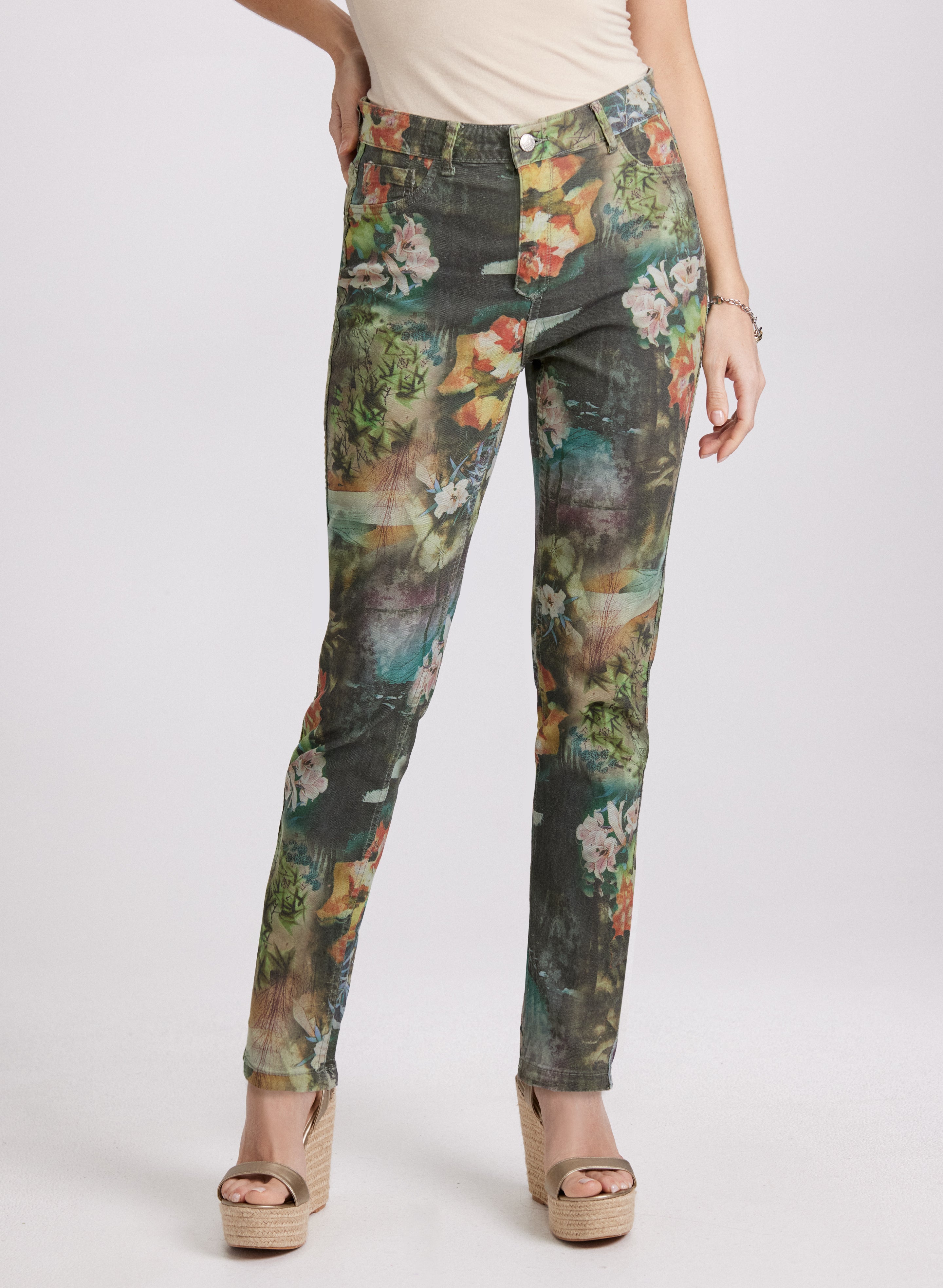 Floral Reversible Slim Leg Jeans for Women - High Waisted Stretch Denim Pants - Perfect for Casual Outings, Date Nights & Spring Fashion