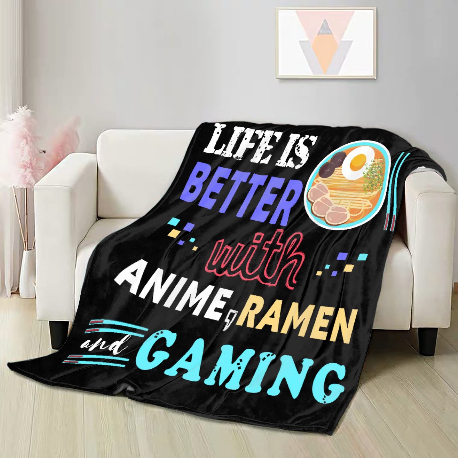 Soft Plush Anime Ramen Throw Blanket - 80 x 60in Large Flannel Blanket for Adults & Gamers - Perfect for Gaming Rooms, Bed Decor & Anime Lovers Gift