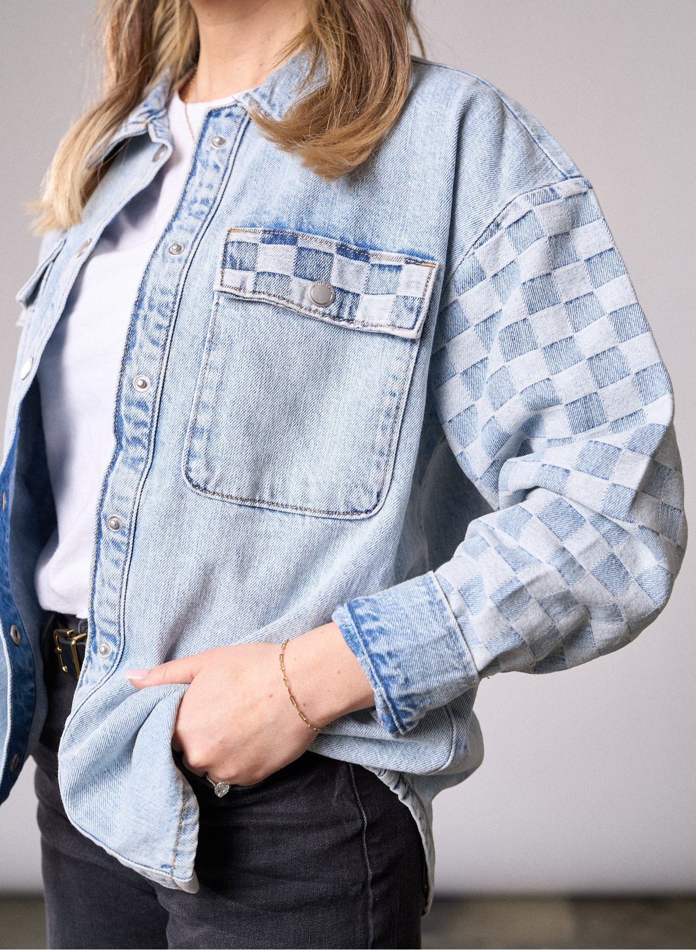 Men's Light Wash Checkered Denim Shacket - Casual Overshirt for Fall & Winter | Streetwear, Layering, Outdoor Activities