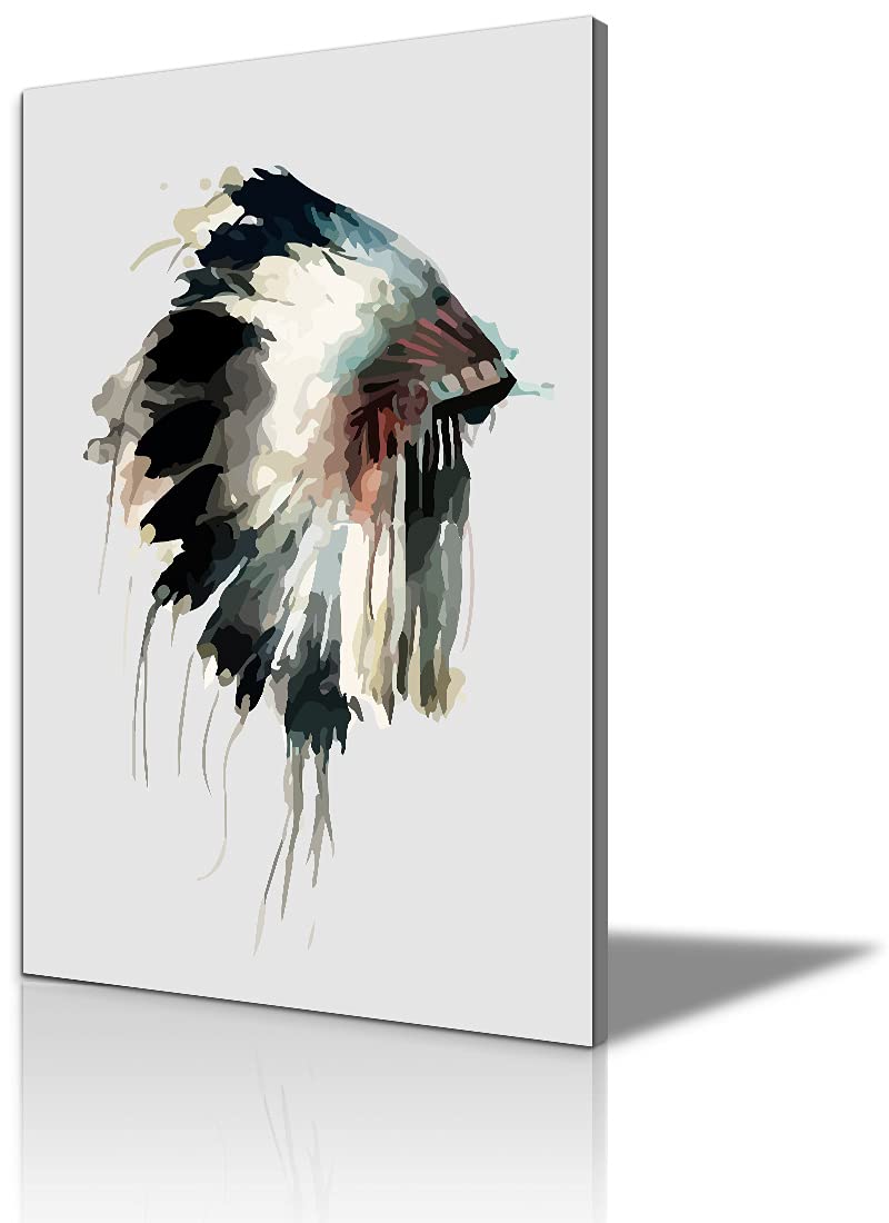 Authentic Native American Wall Art - Watercolor Feathered Headdress Canvas Print, 28''W x 40''H Framed Indian Decor for Living Room & Bedroom | Perfect for Boho Home Decor, Cultural Gift & Southwest Style Interior Design