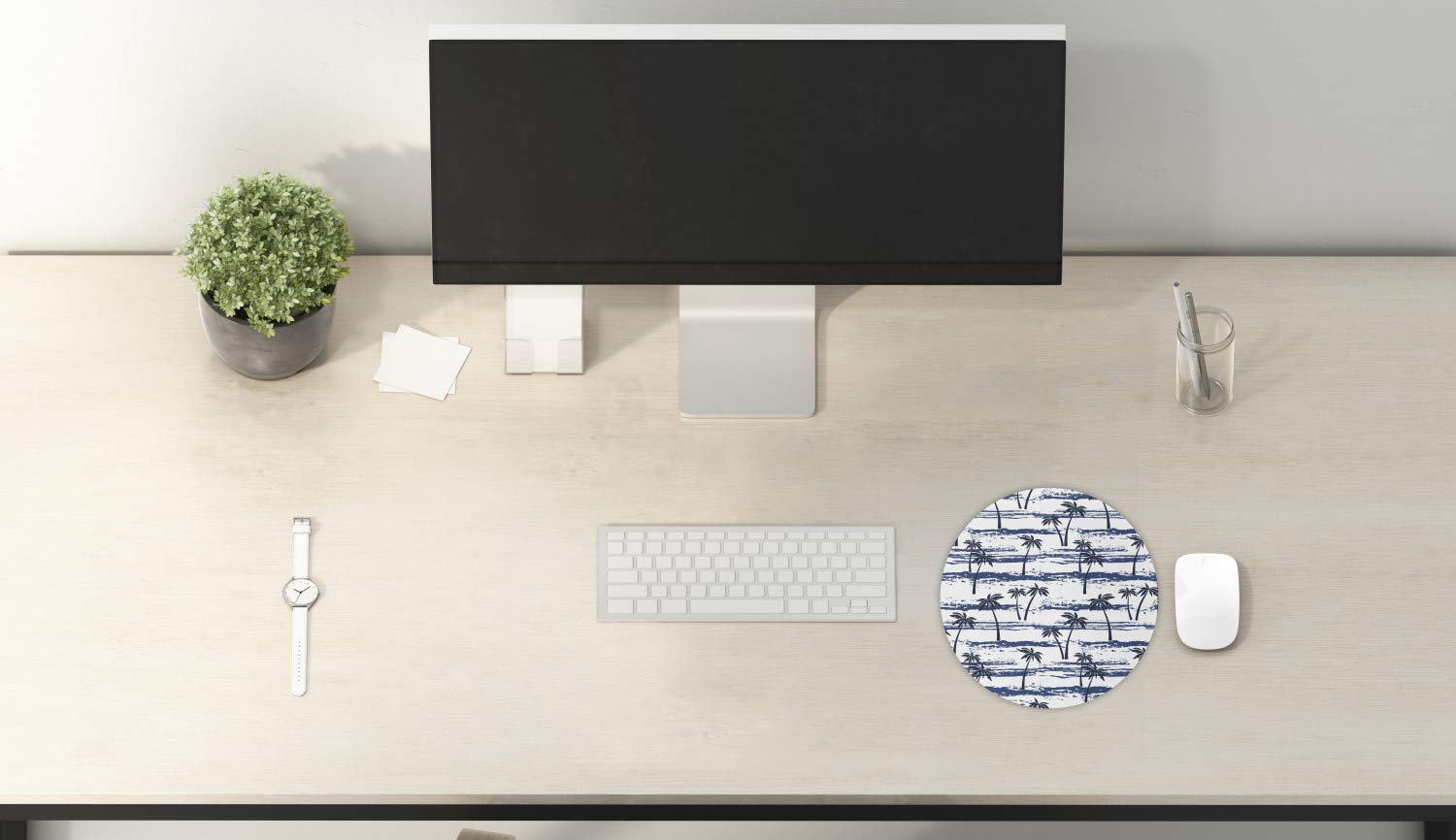 Ambesonne Round Non-Slip Rubber Mouse Pad - 8 Inch Tropical Palm Tree Beach Design for Computer & Gaming - Navy Blue - Perfect for Office, Home & Summer Decor