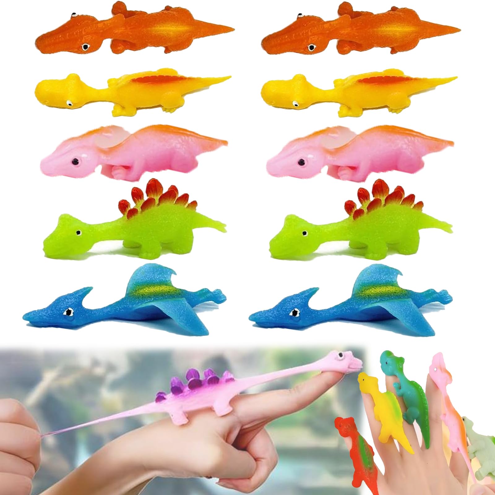 Stretchy Flying Dinosaur Finger Toys - 10PCS Sticky Slingshot Dino Toys for Kids, Fun Stretchable Dinosaur Catapult Game - Perfect for Outdoor Play, Birthday Parties & Stress Relief