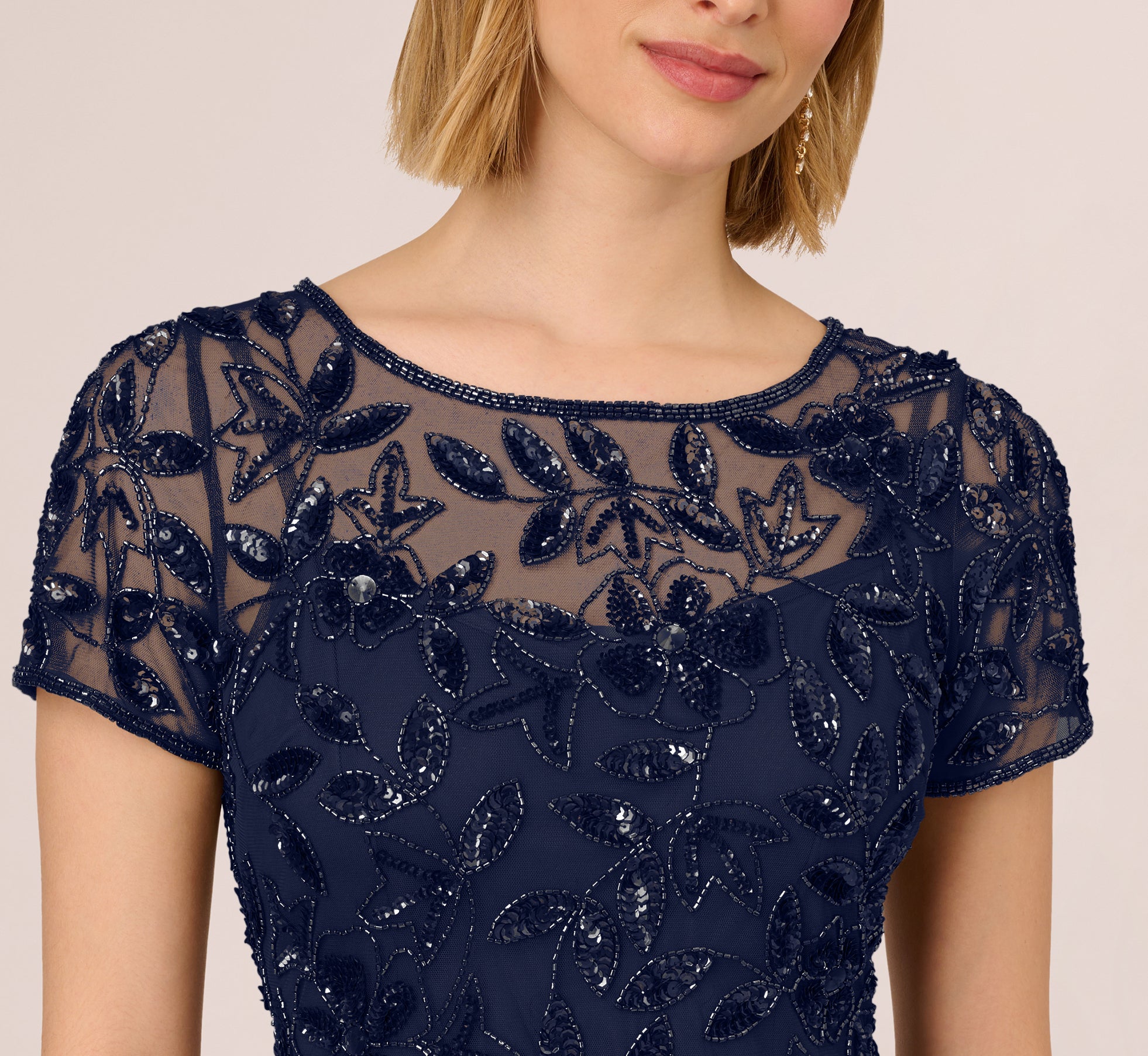 Hand Beaded Short Sleeve Floral Godet Gown in Light Navy - Elegant Summer Wedding Guest Dress for Beach Parties & Special Occasions