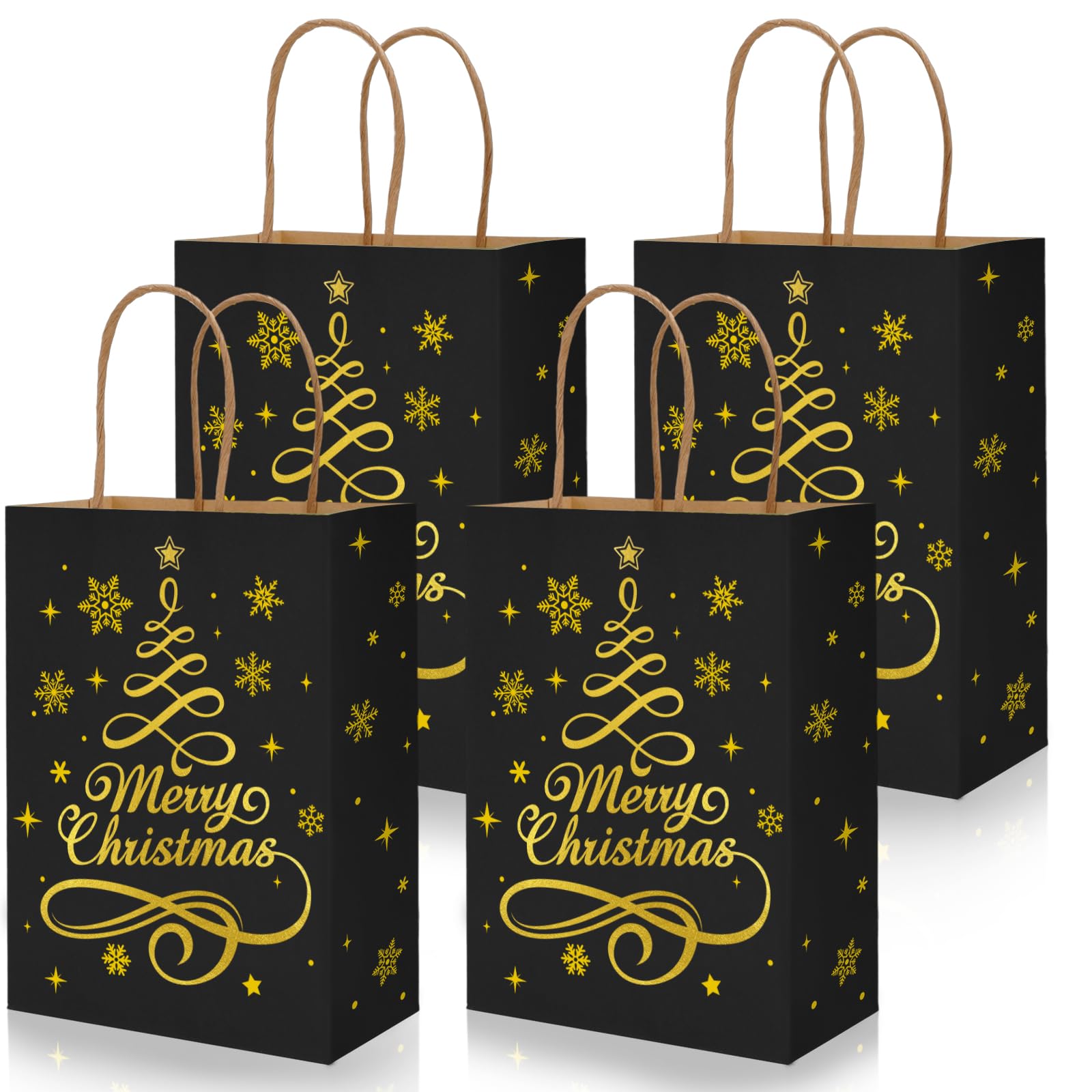 24Pcs Christmas Kraft Paper Gift Bags with Handles - Black Gold Xmas Tree Design for Holiday Party Favors, Winter Treat Bags & Christmas Decorations | Perfect for Office Gifts, Classroom Treats & Holiday Party Supplies