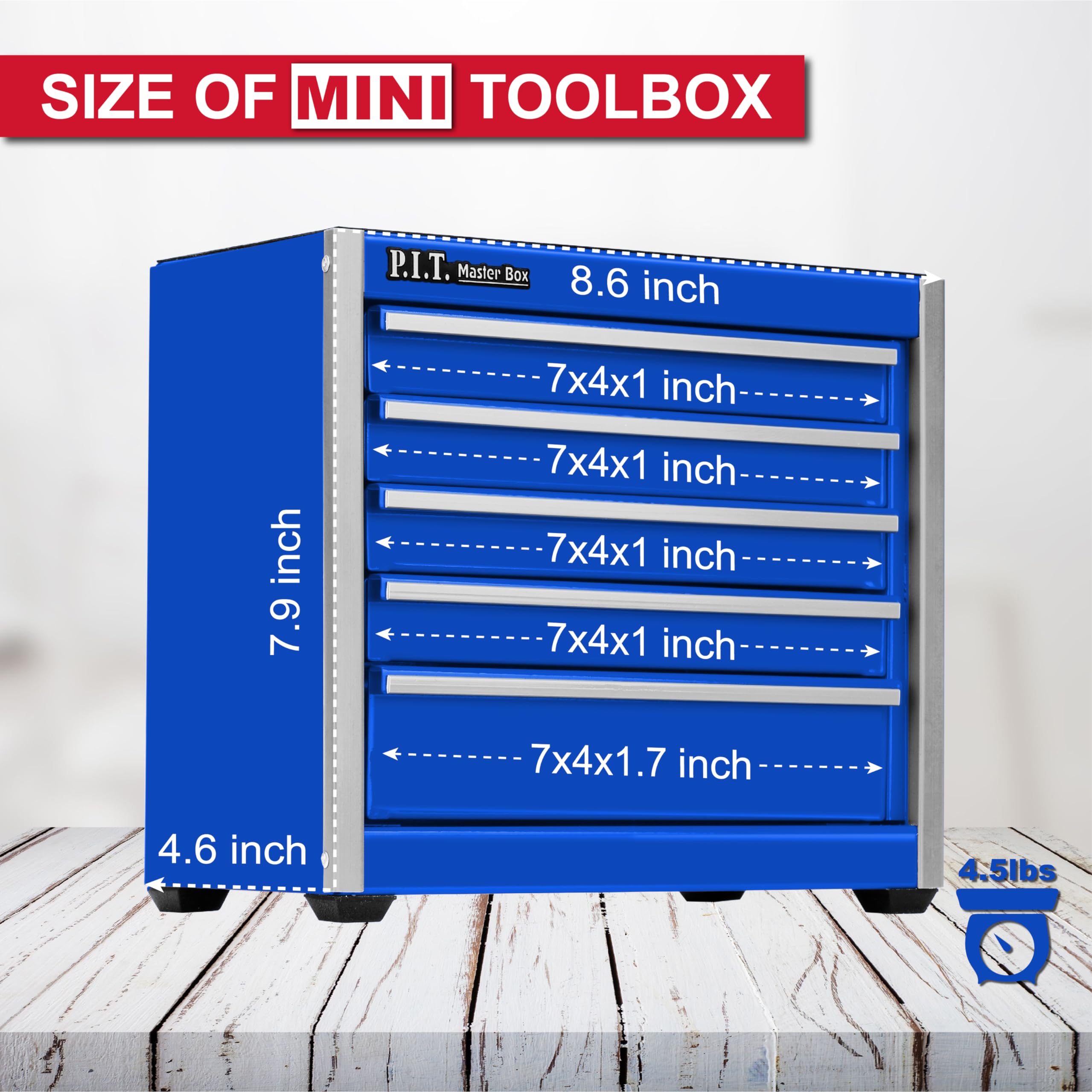 P.I.T. Mini Blue 5-Drawer Steel Tool Box - Portable Stackable Tool Storage Case with Liner for Home DIY, Garage & Workshop Organization - Perfect for Mechanics, Handymen & Craft Enthusiasts