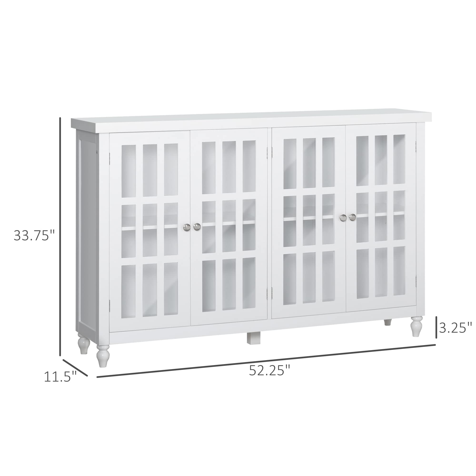 HOMCOM White Sideboard Buffet Cabinet with 4 Tempered Glass Doors, Adjustable Storage Shelf & Stripe Pattern - Modern Credenza for Dining Room, Living Room, or Entryway Storage
