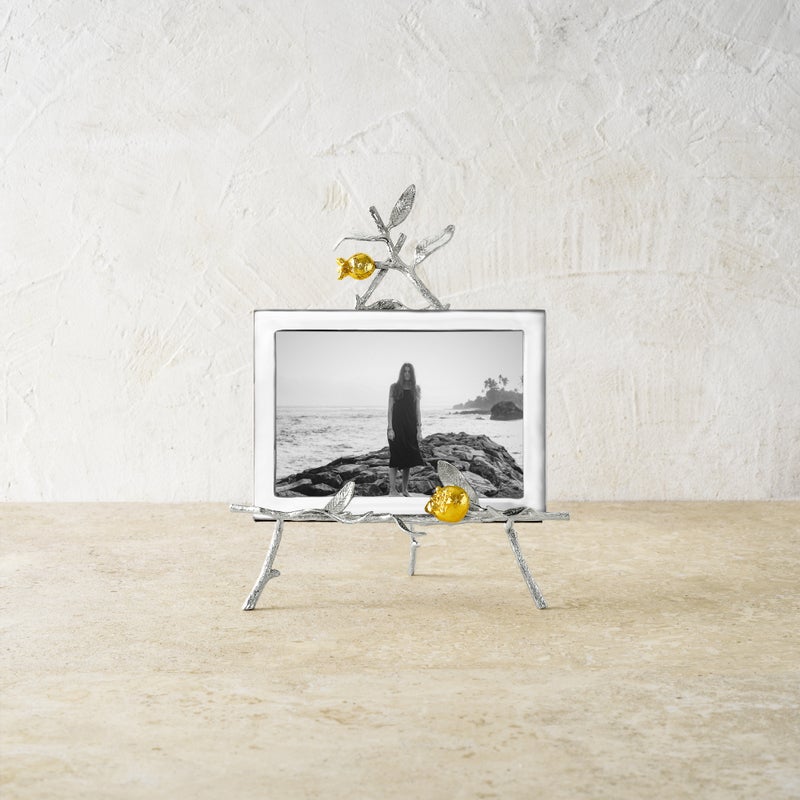 Elegant Pomegranate Silver & Gold Easel Frame - Perfect for Displaying Photos, Artwork, and Keepsakes at Home, Office, or Wedding Decor