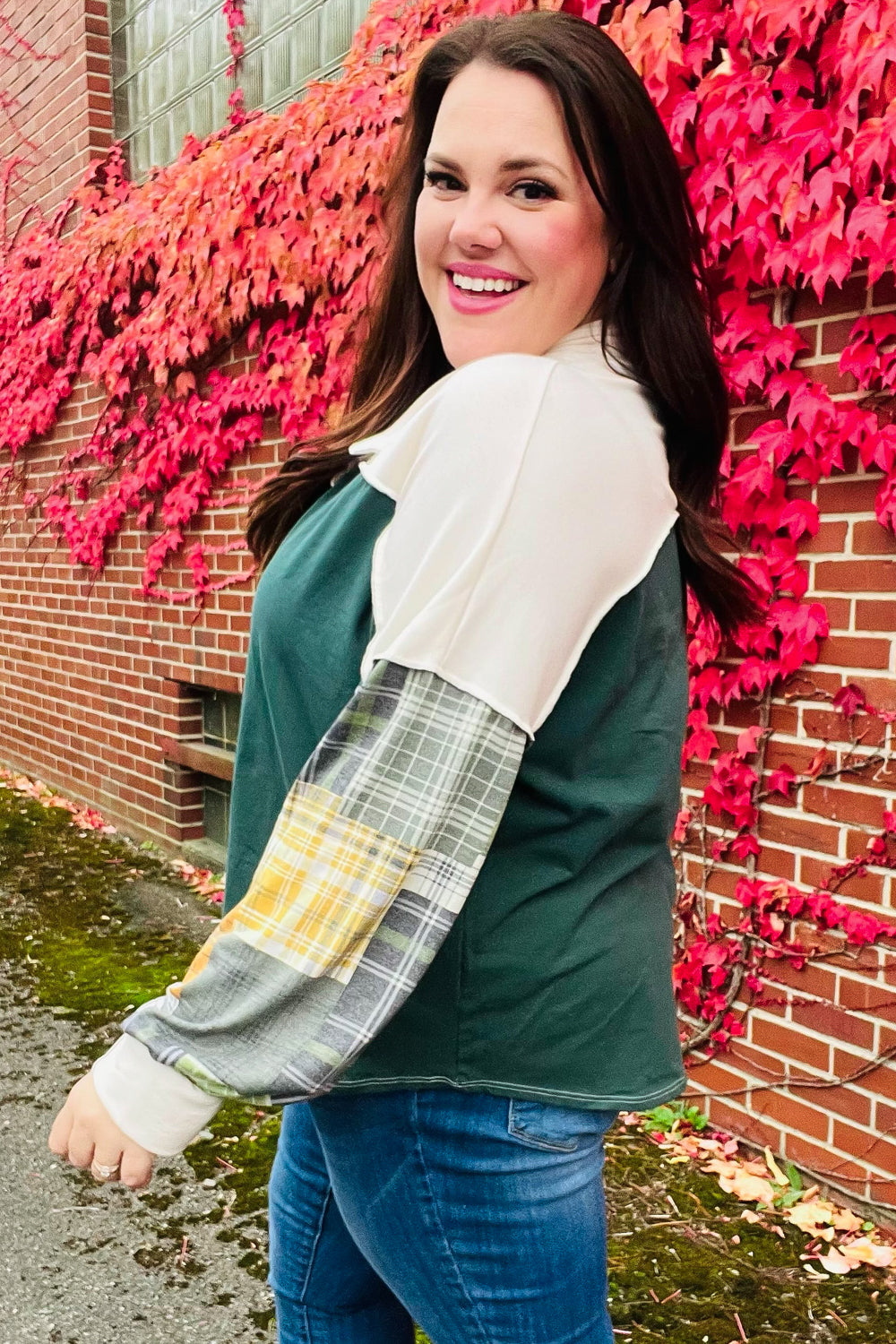 Fall For You Hunter Green Plaid Color Block Collared Terry Top - Women's Fashion Long Sleeve Shirt for Autumn Outfits, Casual Wear & Layering