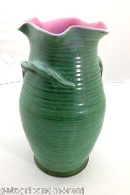 Vintage 1920s Weller Fleron Green Art Pottery Vase - 10.5 Inch with Twisted Rope Handles - Antique Home Decor for Living Room, Office & Collector's Display