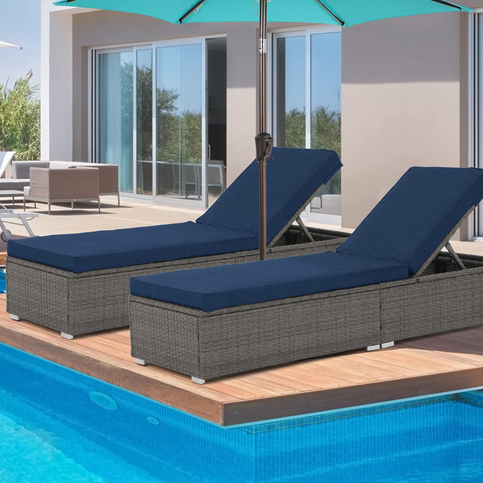 Verano Garden Outdoor Chaise Lounge Patio Pool Lounge Chairs - 2-Pack Wicker Rattan Reclining Folding Loungers with Adjustable Backrest & Removable Dark Blue Cushions - Perfect for Poolside, Beach, Backyard & Patio Relaxation