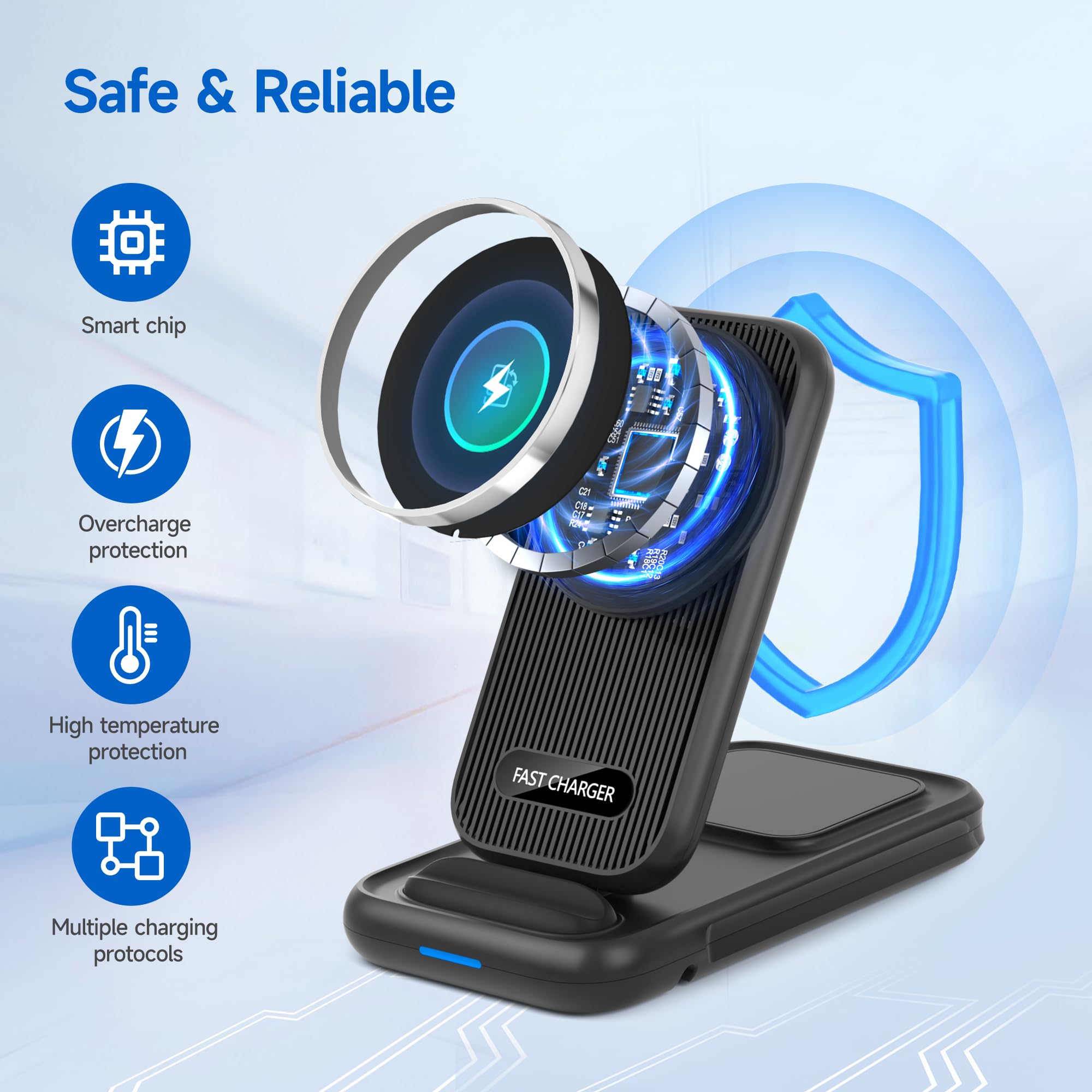 4-in-1 Mag-Safe Wireless Charging Station - 24W Fast Charger for iPhone 15/14/13/12/Pro Max, Apple Watch, AirPods Pro & Samsung Galaxy S24/S23, Watch, Buds | Perfect for Home, Office & Travel Charging Needs