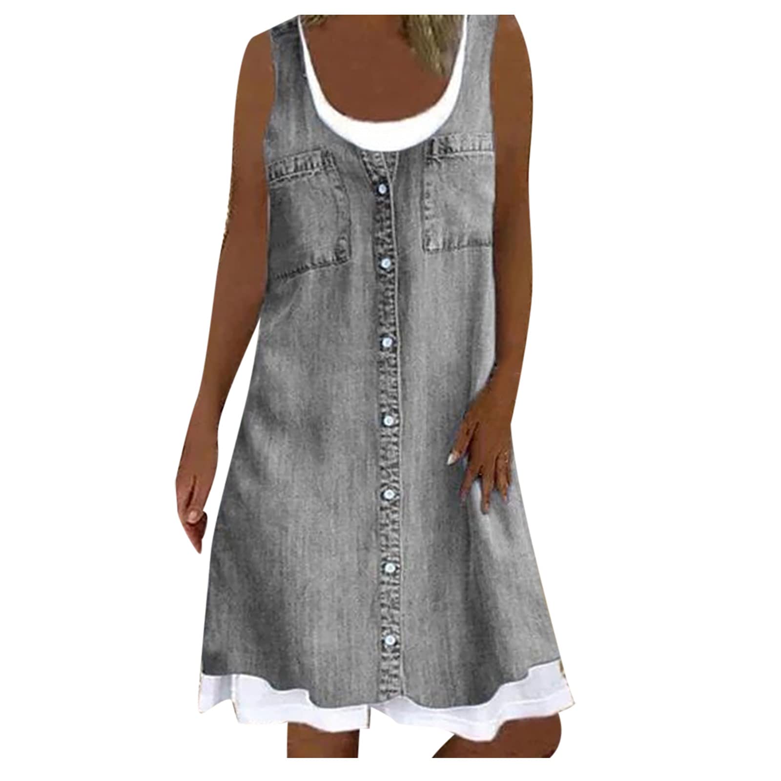 INESVER Women's Summer Sleeveless Sundress - 2022 Fashion Loose Fit Denim Dress with Pockets & Round Neck | Perfect for Beach Vacations, Casual Outings and Summer Parties