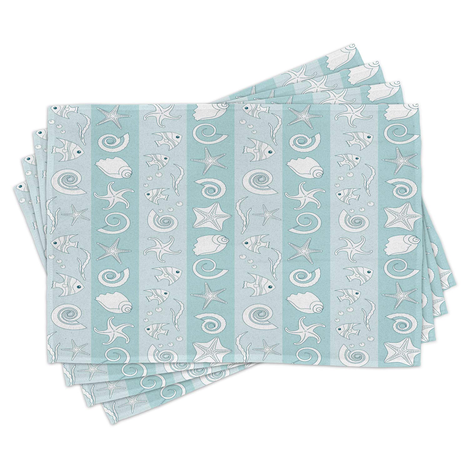Ambesonne Nautical Place Mats Set of 4, Marine Theme Sea Animals Fish Shells Striped Blue Washable Fabric Placemats for Dining Table Kitchen - Standard Size 12x18 Inches - Perfect for Beach House Decor, Seafood Restaurants & Coastal Themed Parties