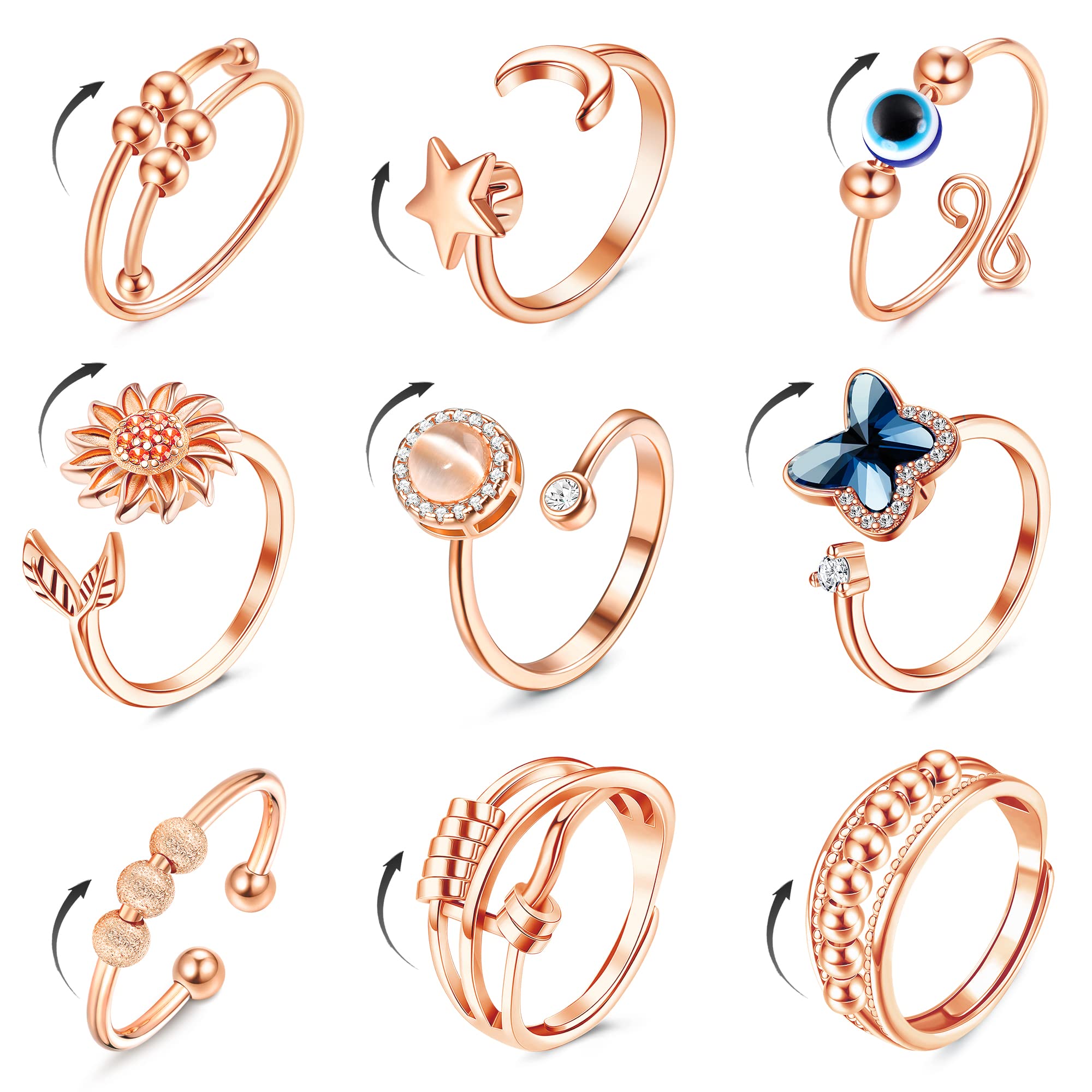 FIBO STEEL 9 Pcs Anxiety Relief Spinner Rings for Women & Men - Adjustable Stress Relief Rings with CZ Flower, Moon & Star Designs - Perfect for ADHD, Anxiety & Stress Management at Work, School or Travel