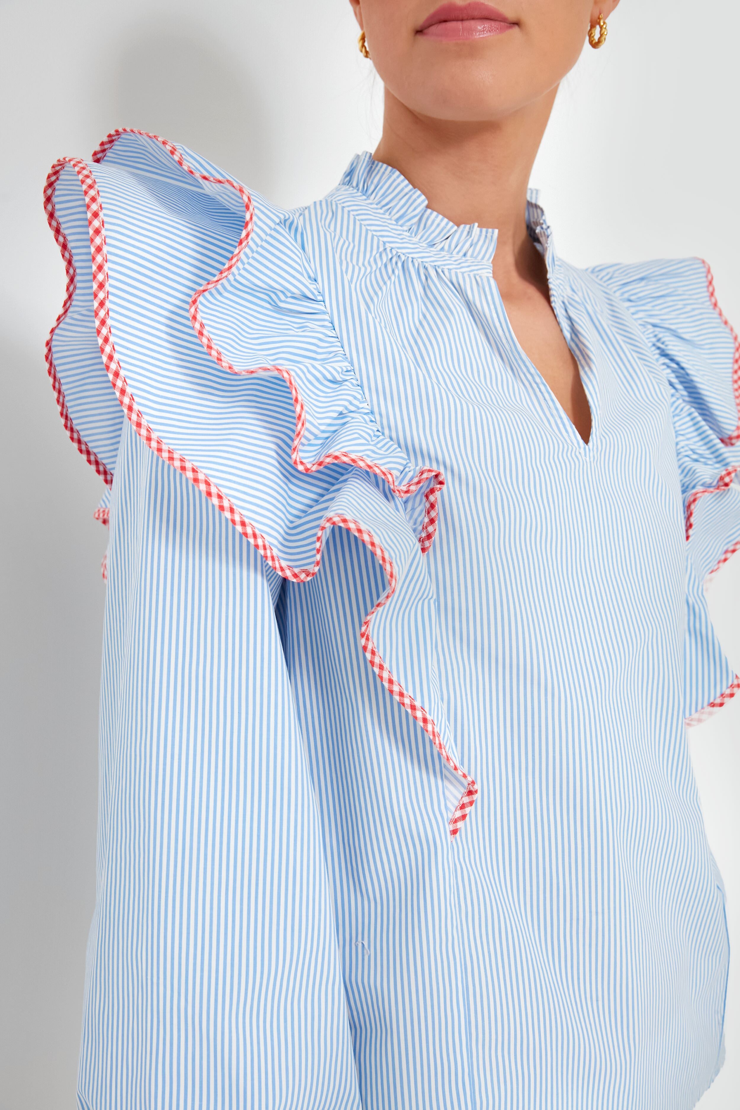 Blue Stripe Gingham Ruffle Holly Blouse - Women's Vintage Style Ruffled Top for Spring & Summer - Perfect for Office, Date Night & Casual Outings