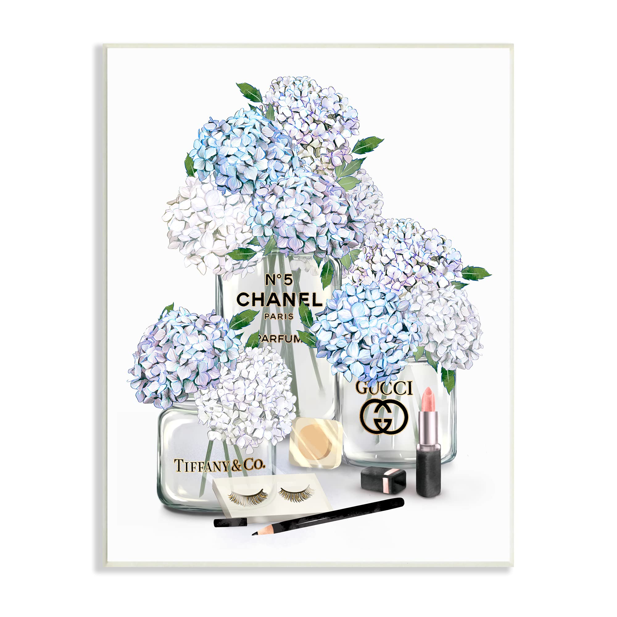 Stupell Industries Glam White & Blue Hydrangea Perfume Bottles with Lipstick Illustration - Wall Art Decor by Ziwei Li | Perfect for Bathroom, Bedroom & Vanity Makeup Area