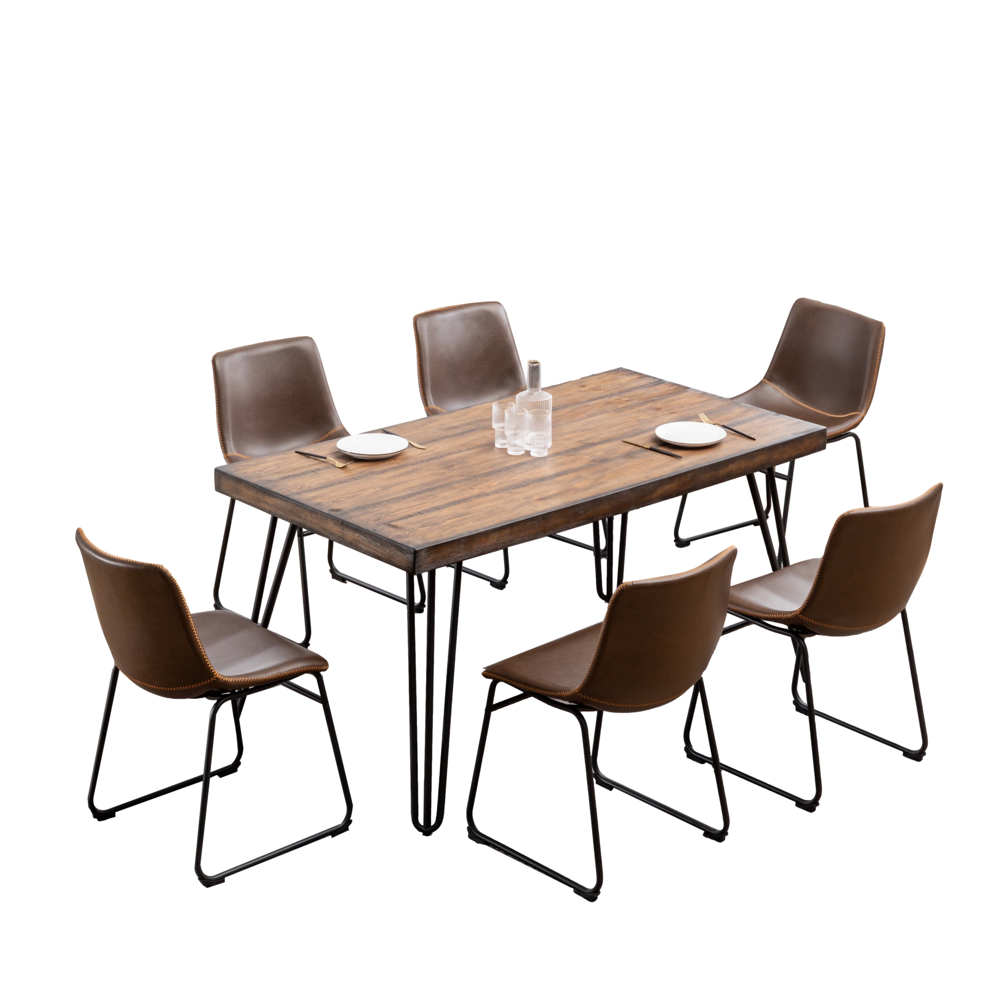 Roundhill Furniture Aryven 7-Piece Industrial Dining Set - Rustic Dark Pine Table & 6 Faux Leather Chairs for Kitchen, Dining Room & Restaurant Decor