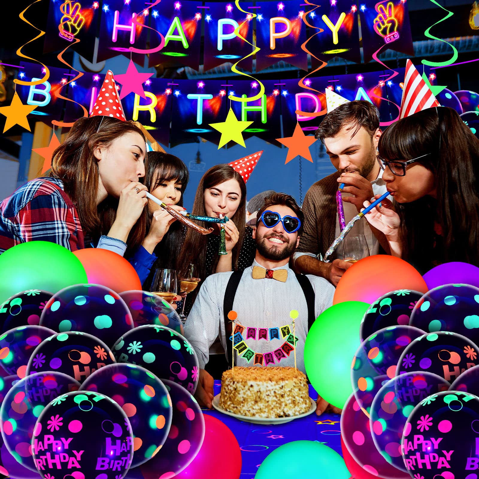 Zhanmai Glow in the Dark Party Decorations Set - Neon Balloons, Fluorescent Birthday Banner, Blacklight Tablecloth, Hanging Stars & Cake Toppers for Glow Parties, Halloween Decorations & Birthday Celebrations - Perfect for Nighttime Events, Rave Parties & UV Light Themed Occasions