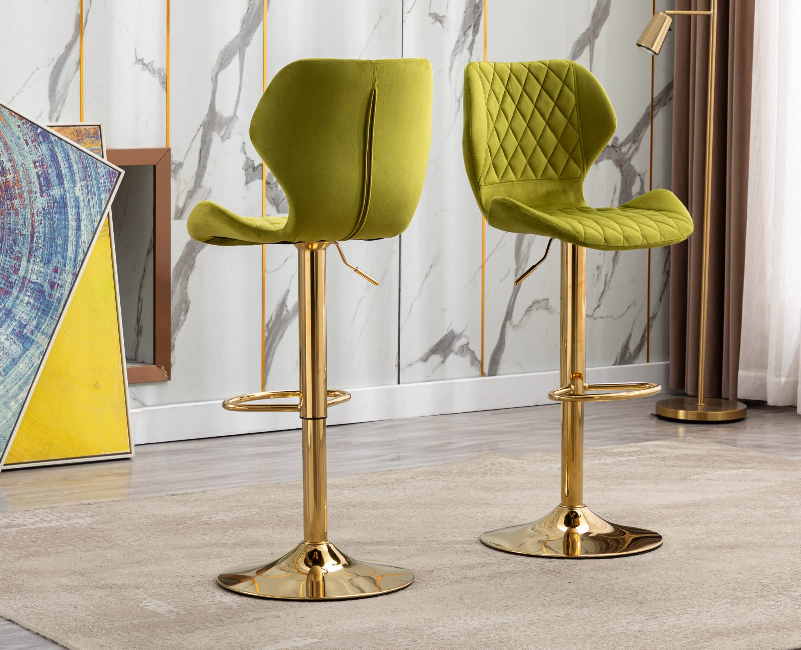 EALSON Velvet Bar Stools Set of 4 - Modern Swivel Counter Height Bar Chairs with Back & Gold Base - Adjustable Kitchen Island Stools for Home Bar, Dining Room, Restaurant & Cafe - Green Velvet Upholstery
