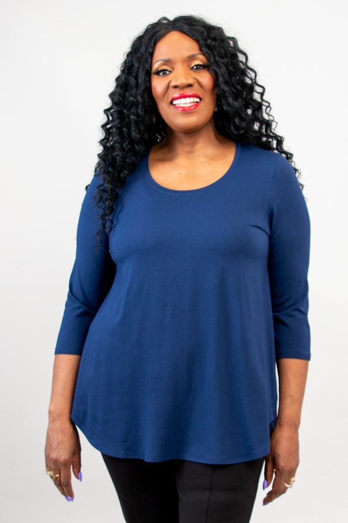 Jazz 3/4 Sleeve Top for Women - Soft Bamboo Fabric in Indigo Blue - Perfect for Casual Wear, Yoga & Summer Outfits