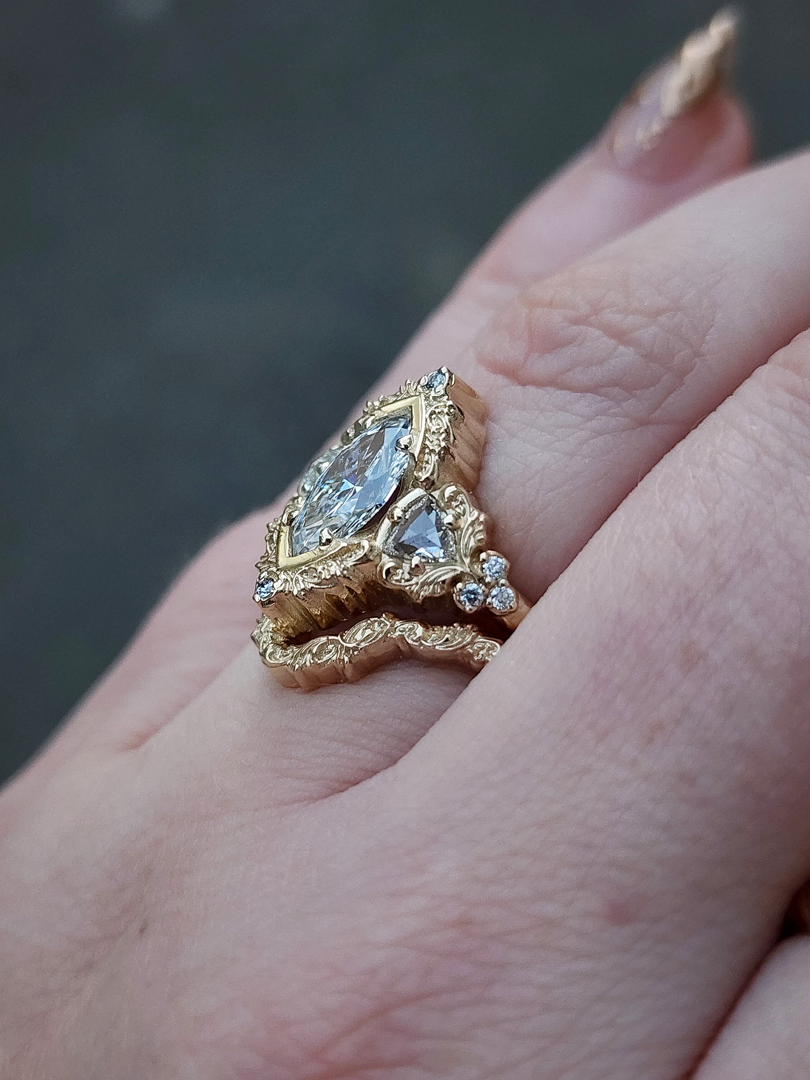 Antique Inspired Marquise Lab Diamond Engagement Ring Set with Trillion Side Stones & Gold Scroll Details - Vintage Wedding, Anniversary & Proposal Jewelry Gift
