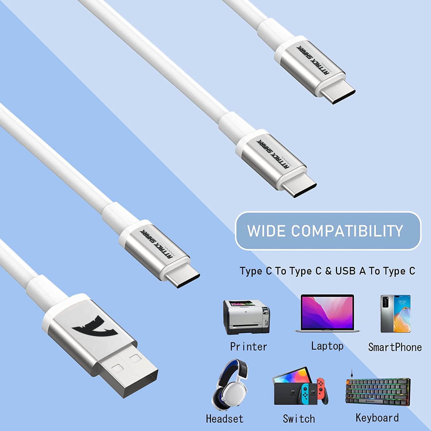 Premium Coiled USB C Cable for Gaming & Mechanical Keyboards - Double-Sleeved Aviator Detachable 2-in-1 USB C to A/C Cable - Compatible with Custom Keyboards, Printers, Phones, iPads & Xbox (White) - Perfect for Esports, Office Work & Home Entertainment Setup