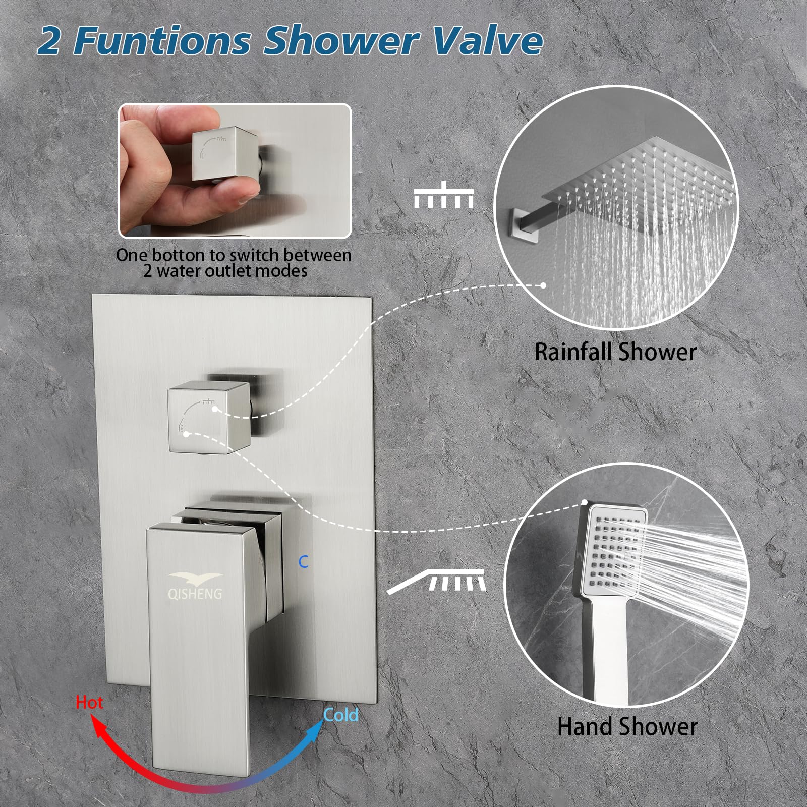 QISHENG Solid Brass Pressure Balance Shower Diverter Valve - 2 Function Outlet, Brushed Nickel Trim Kit for Bathroom Shower Replacement | Perfect for Modern Bathroom Renovations & Shower System Upgrades