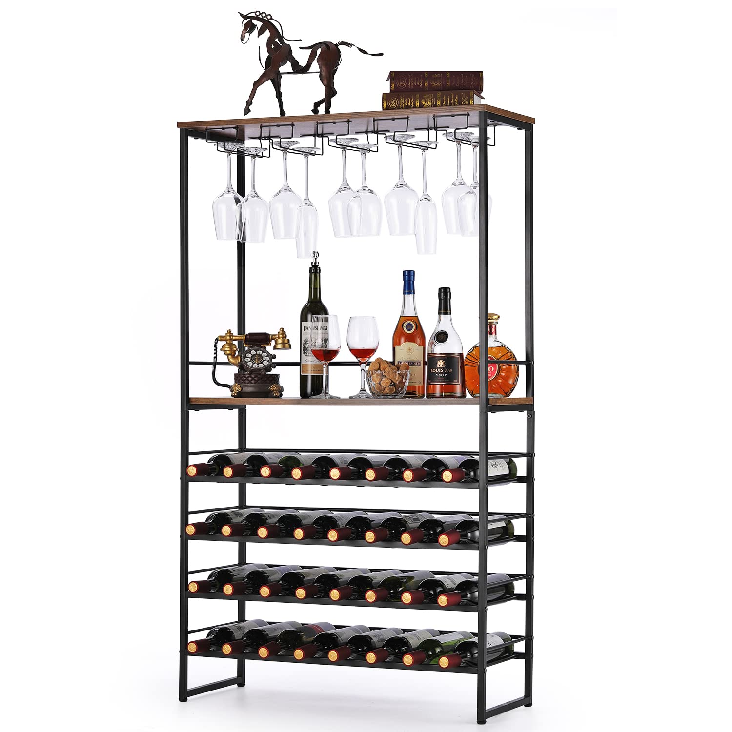 6-Tier Industrial Freestanding Wine Rack with Glass Holder & Wine Storage - Rustic Brown Metal Baker's Rack for Kitchen, Dining Room & Home Bar - Perfect for Wine Display, Coffee Station & Kitchen Organization (55