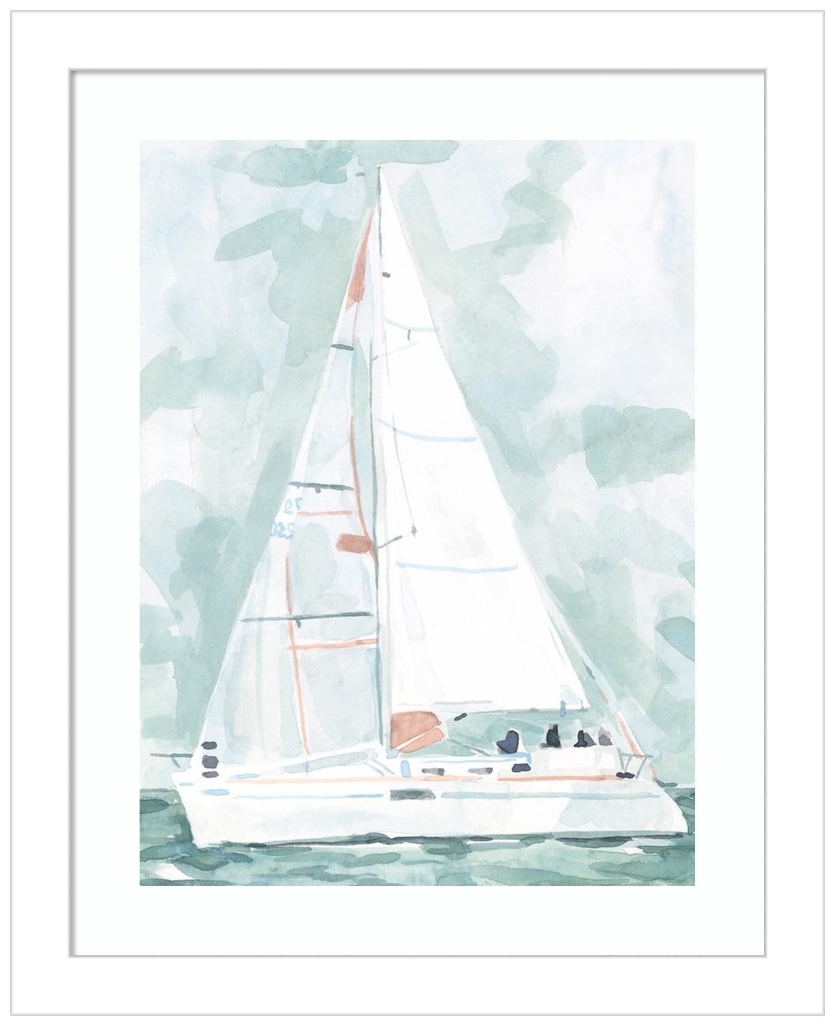 Emma Scarvey Soft Sailboat II Wood Framed Wall Art Print - 11x13 Inches, Svelte White Frame - Coastal Decor for Living Room, Bedroom & Office