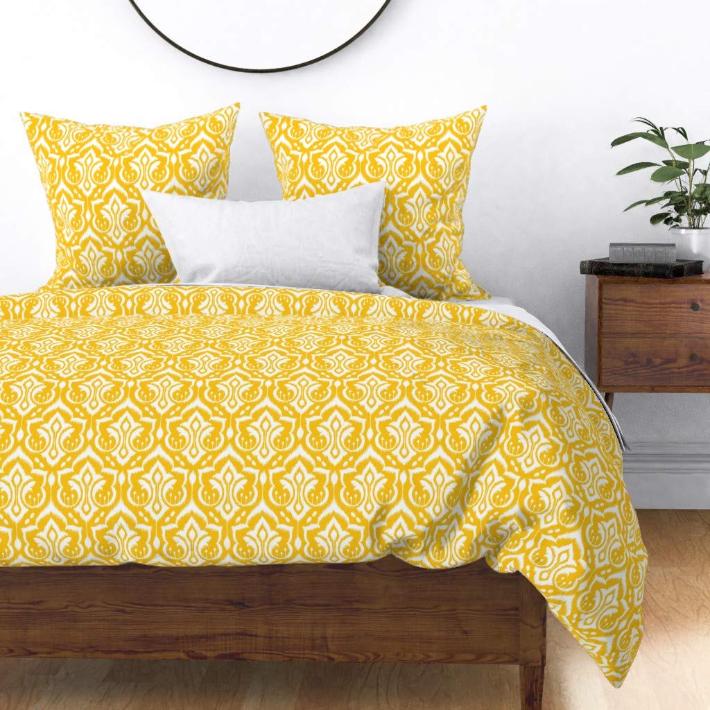 Custom Ikat Damask Golden Yellow Cotton Sateen Duvet Cover Full/Queen Size - Modern Abstract Geometric Print Bedding for Happy Home Decor | Perfect for Master Bedroom, Guest Room & Bohemian Style Interiors