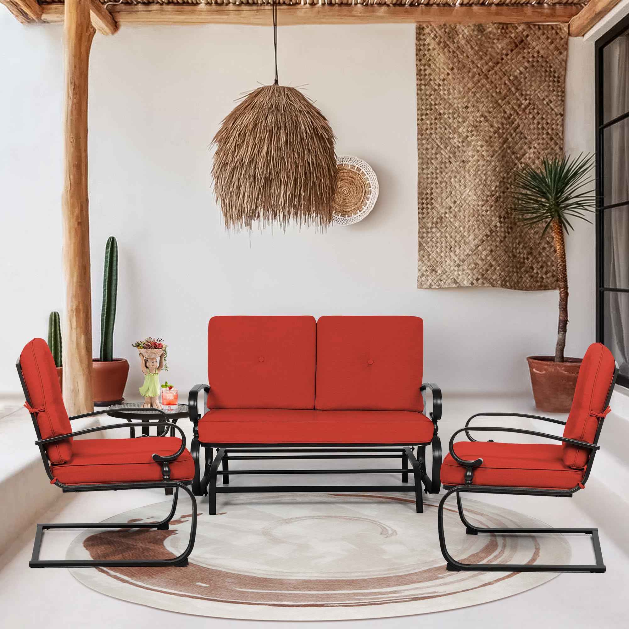 4-Piece Outdoor Patio Furniture Set - Glider Loveseat with 2 Spring Chairs & Coffee Table - Includes Red Cushions - Perfect for Garden, Backyard, Poolside or Deck Relaxation