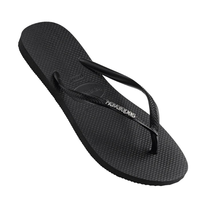 Havaianas Slim Logo Metallic Flip Flops for Women & Men - Comfortable Black & Silver Sandals for Beach, Pool, and Summer Vacation