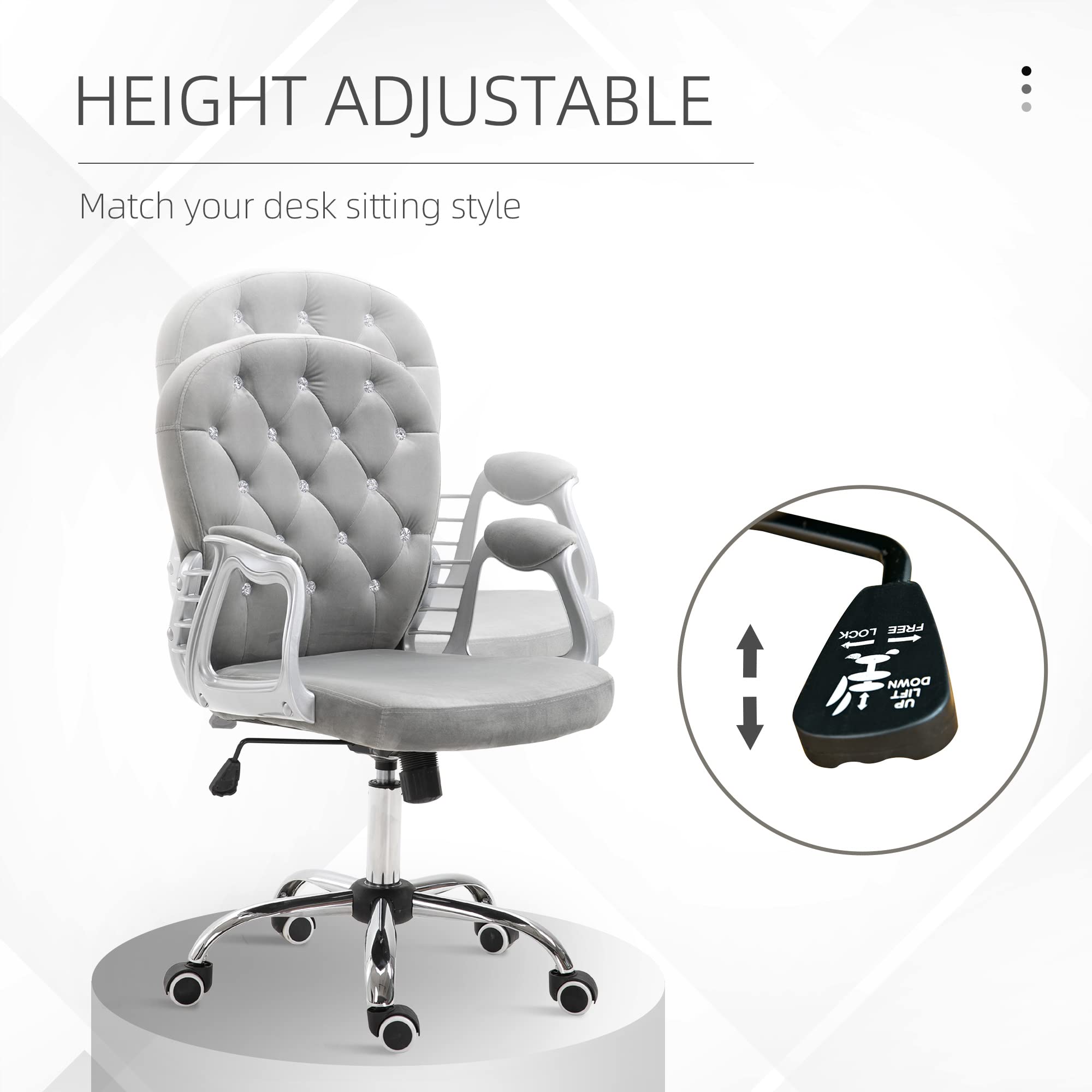 Vinsetto Velvet Home Office Chair - Button Tufted Ergonomic Desk Chair with Padded Armrests, Adjustable Height & 360° Swivel Wheels, Gray - Perfect for Home Office, Gaming & Study Workspace