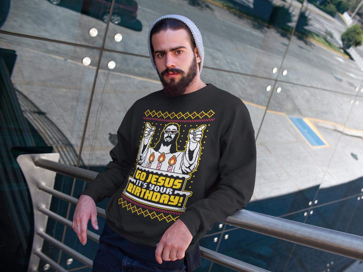 Men's Ugly Christmas Sweater - 'Go Jesus It's Your Birthday' Funny Holiday Pullover | Perfect for Christmas Parties & Family Gatherings