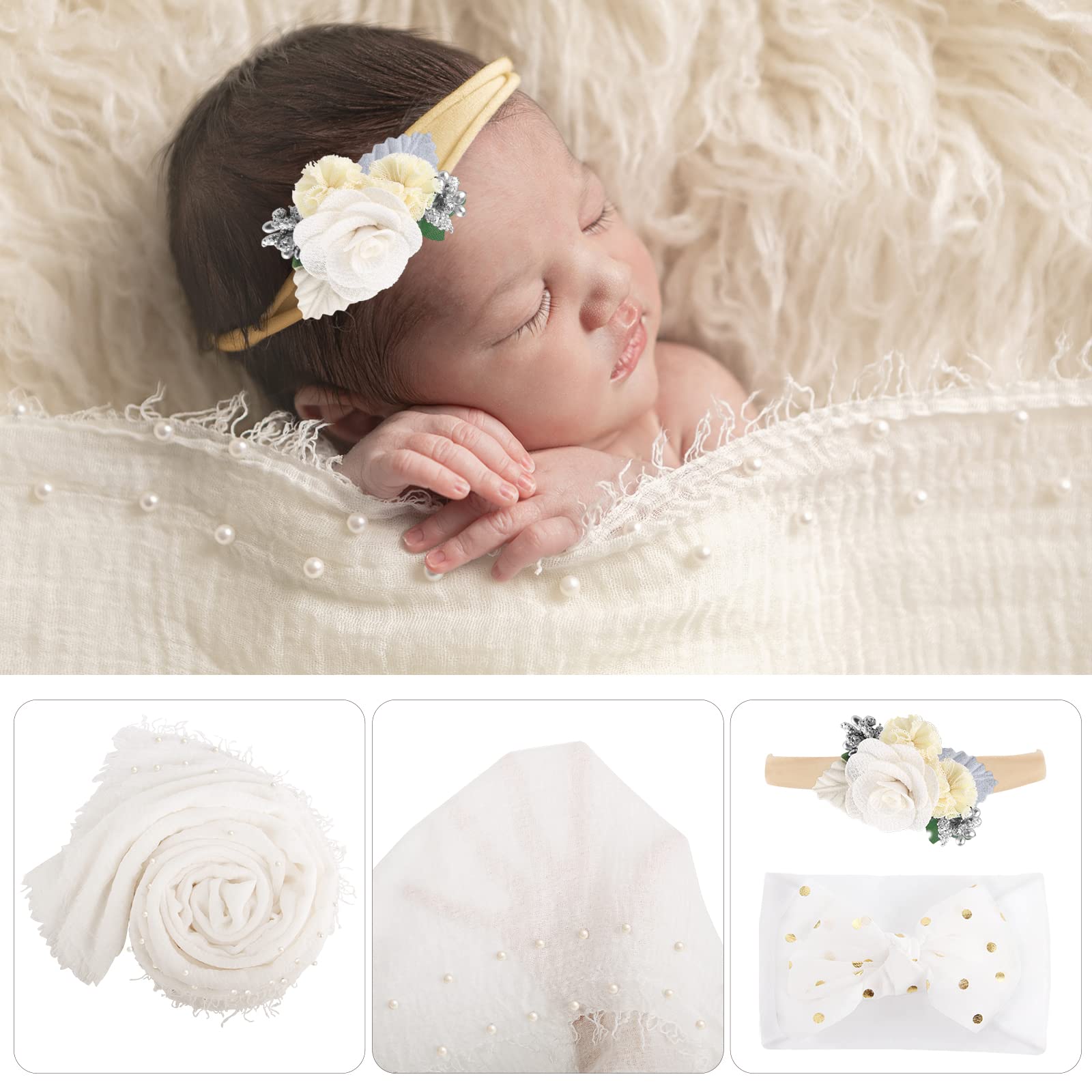 AOKE 4-Piece Newborn Photography Props Kit - Soft White Baby Wraps, Headbands & Blanket for Boys & Girls | Perfect for DIY Newborn Photo Shoots, Baby Showers & First Birthday Portraits