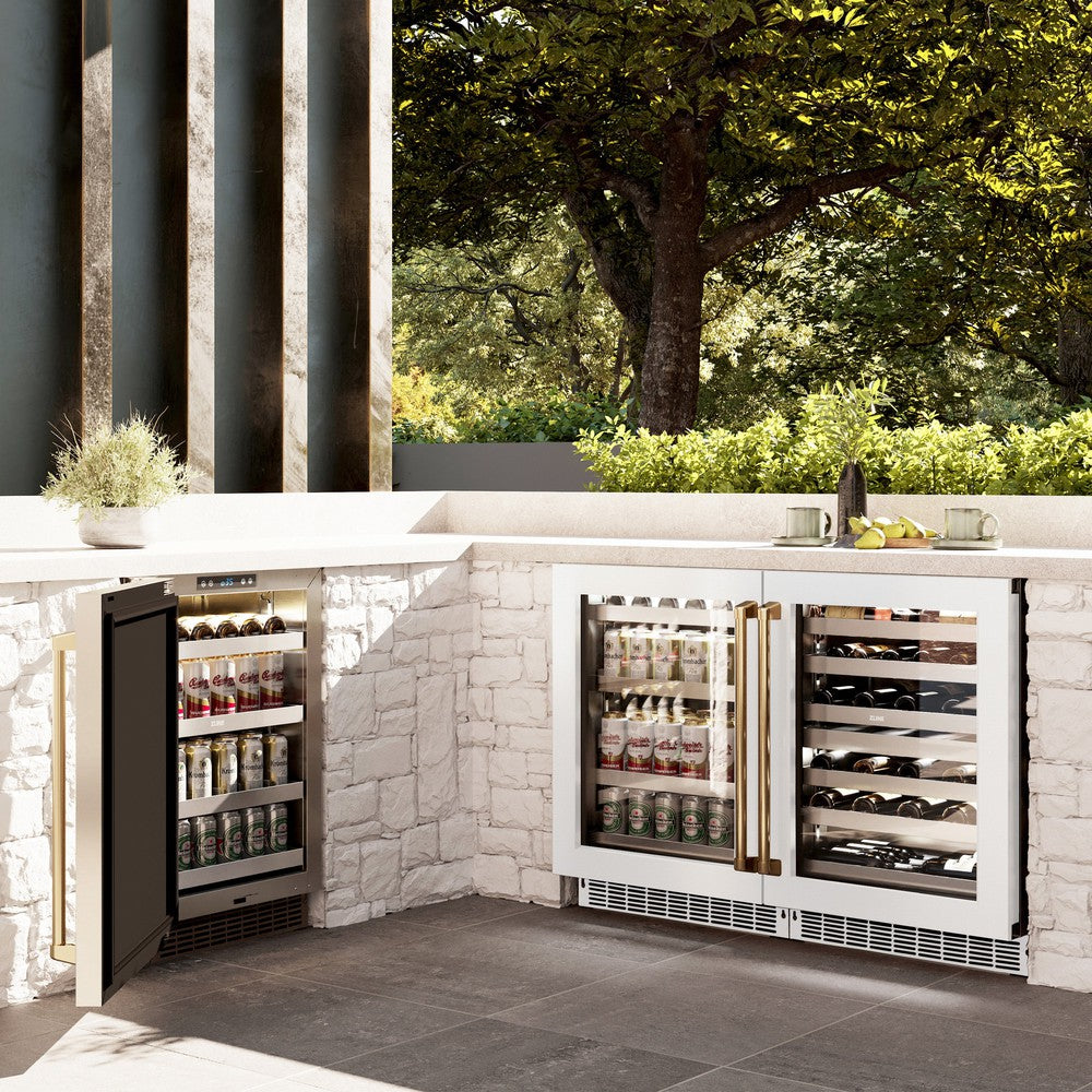 ZLINE Autograph Edition 24 Inch Touchstone 151 Can Beverage Refrigerator - White Matte Glass Door with Polished Gold Handle - Compact Wine & Beer Cooler for Kitchen, Bar, Office, or Man Cave (RBSOZ WM 24 G)