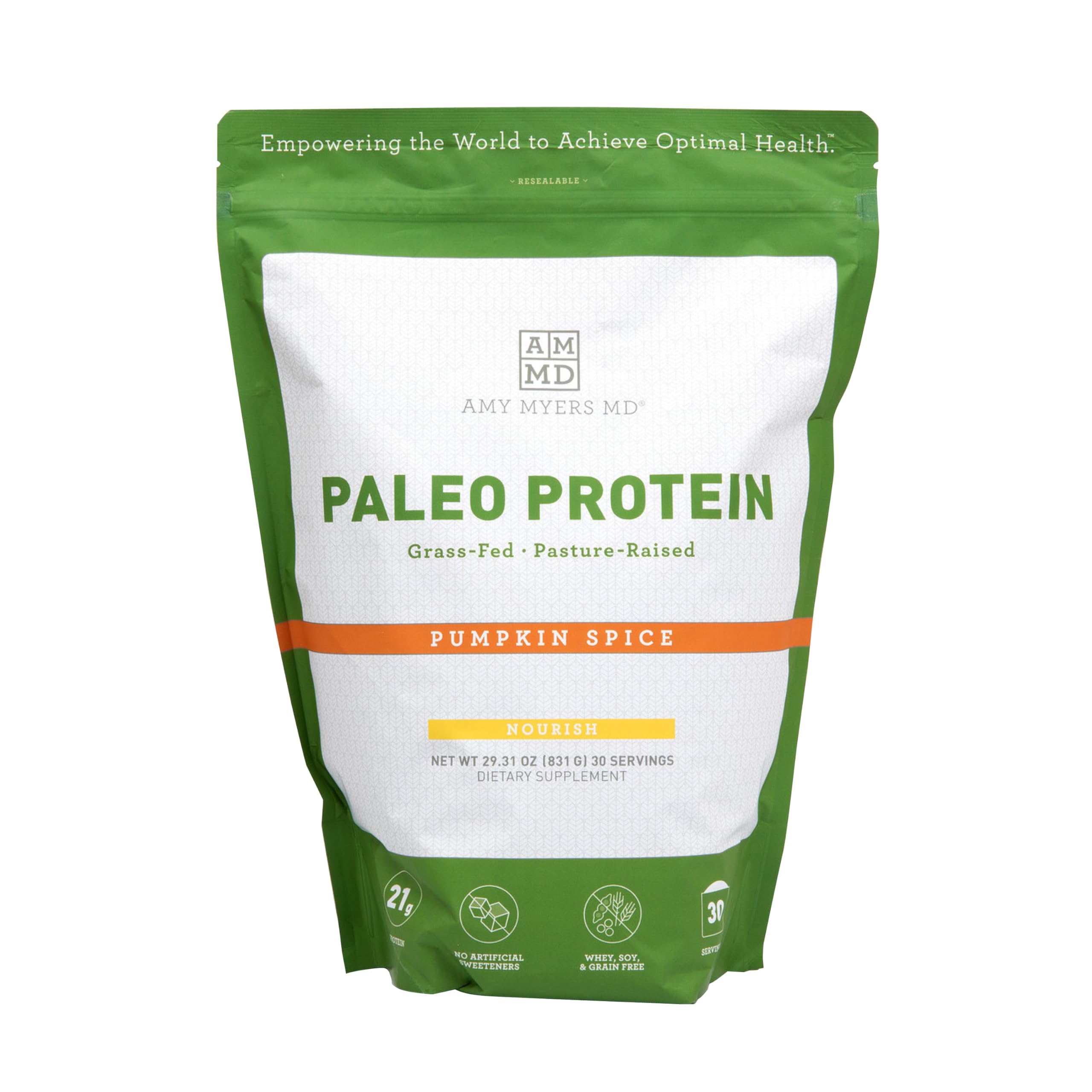 Amy Myers MD Pure Paleo Protein Powder - Grass Fed, Hormone Free, Non-GMO, Gluten & Dairy Free - Keto & Paleo Friendly Protein Supplement - 29.31 Oz Pumpkin Spice Flavor - Ideal for Smoothies, Baking & Post-Workout Recovery