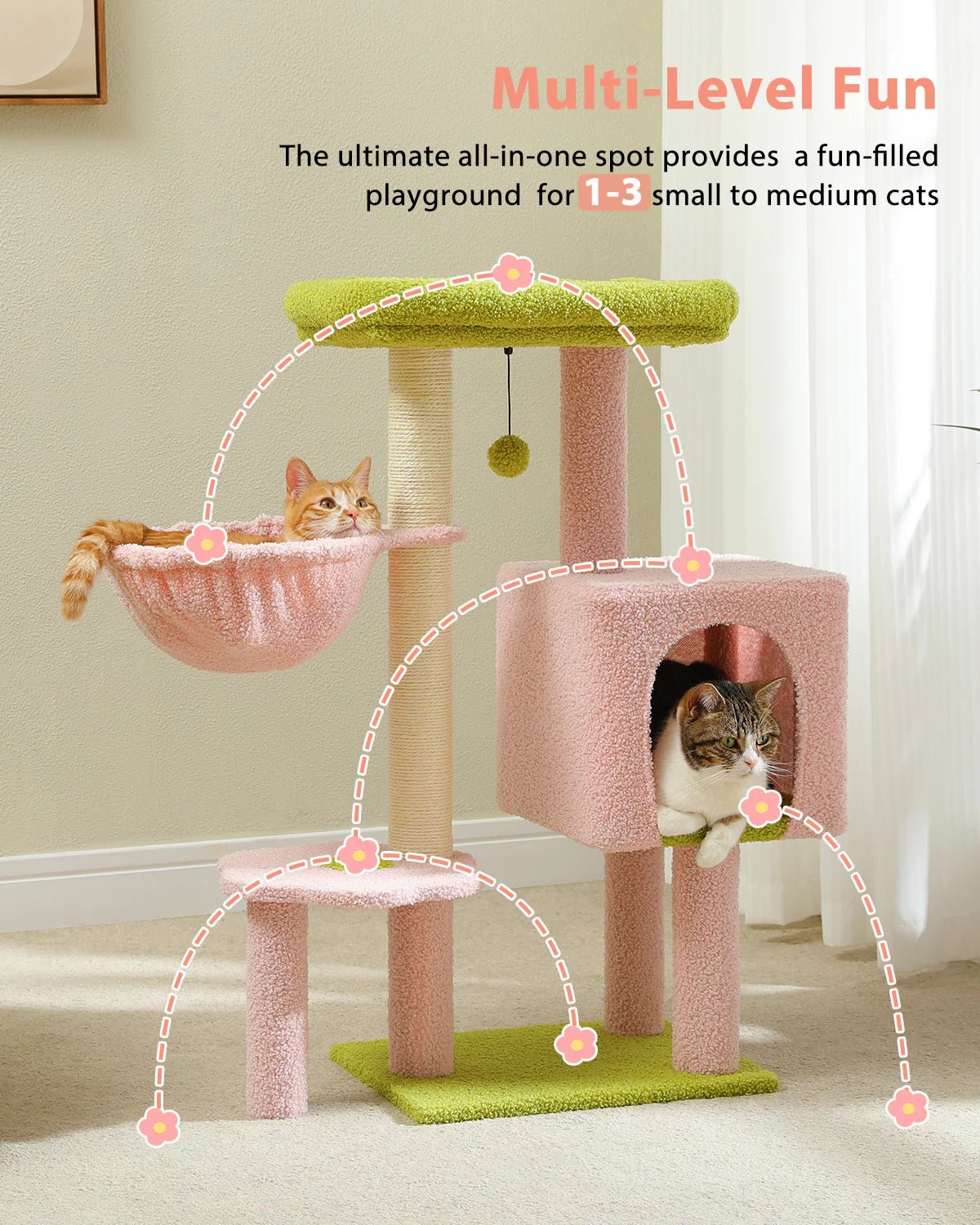 Pink Cat Condo Scratching Post with Hammock - Multi-Level Cat Tree Furniture for Climbing, Scratching & Lounging - Perfect for Indoor Cats Play & Relaxation