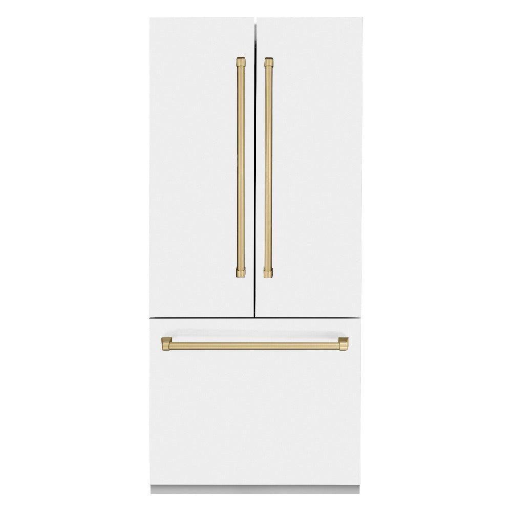 ZLINE Autograph Edition 36 Inch French Door Built-In Refrigerator - 19.6 cu ft Capacity, Bottom Freezer, Water Dispenser & Ice Maker - White Matte with Champagne Bronze Accents (RBIVZ WM 36 CB) | Perfect for Modern Kitchens, Open-Concept Homes & Luxury Appliance Upgrades