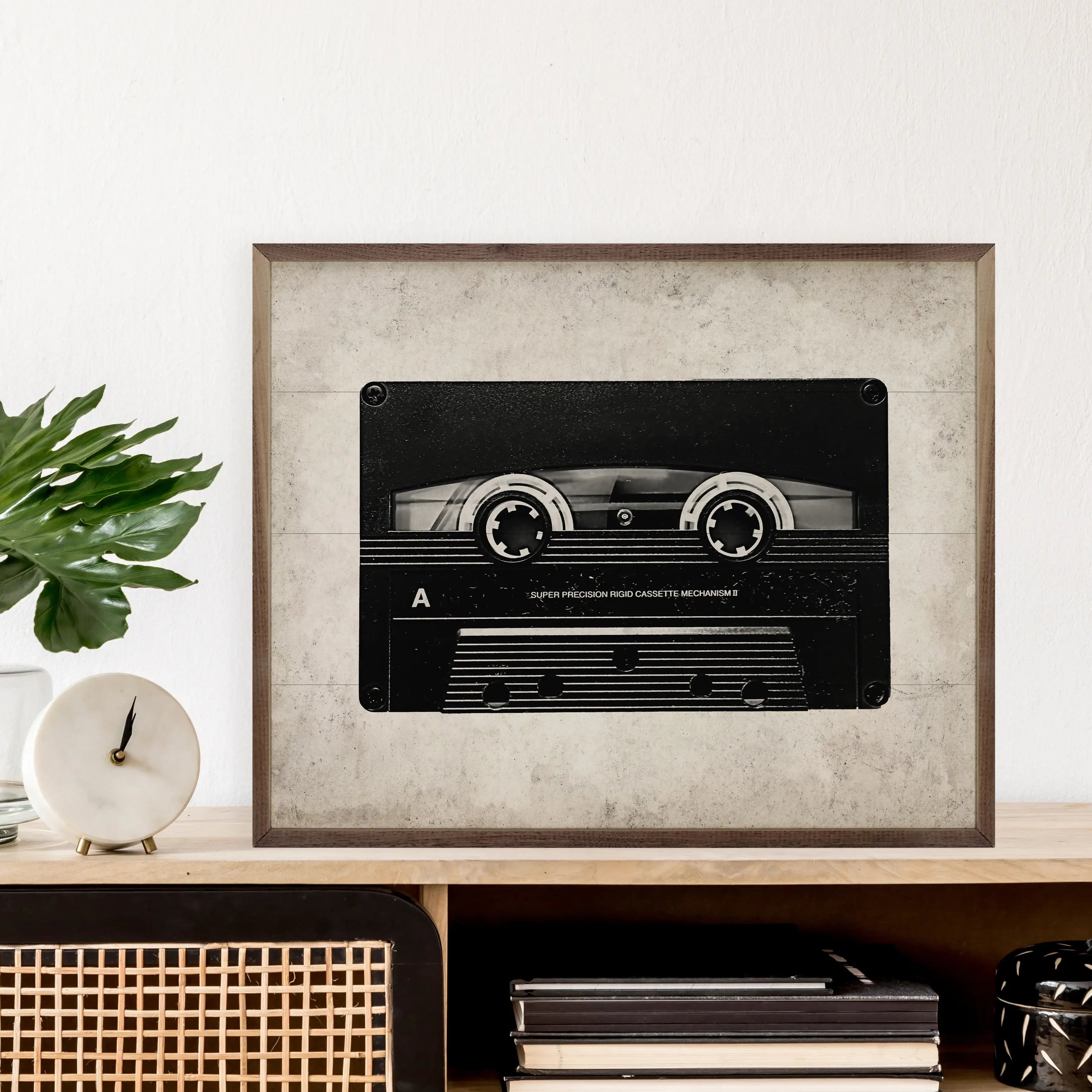 Vintage Black & White Cassette Tape Wood Framed Wall Art - Retro Music Decor for Living Room, Bedroom & Office