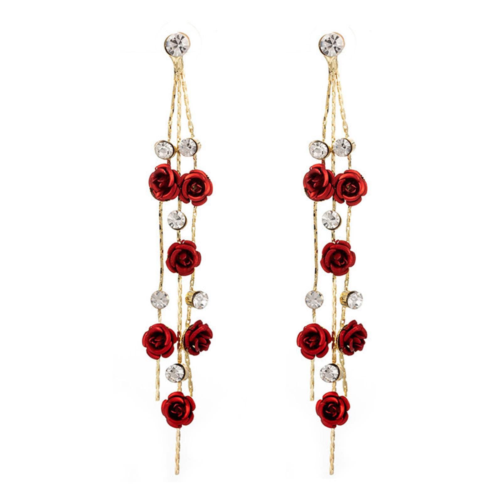 3D Rose Flower Drop Earrings for Women - Red Rose Tassel Long Dangle Earrings with CZ Crystal Rhinestones | Purple Statement Jewelry for Girls, Parties, Weddings & Special Occasions