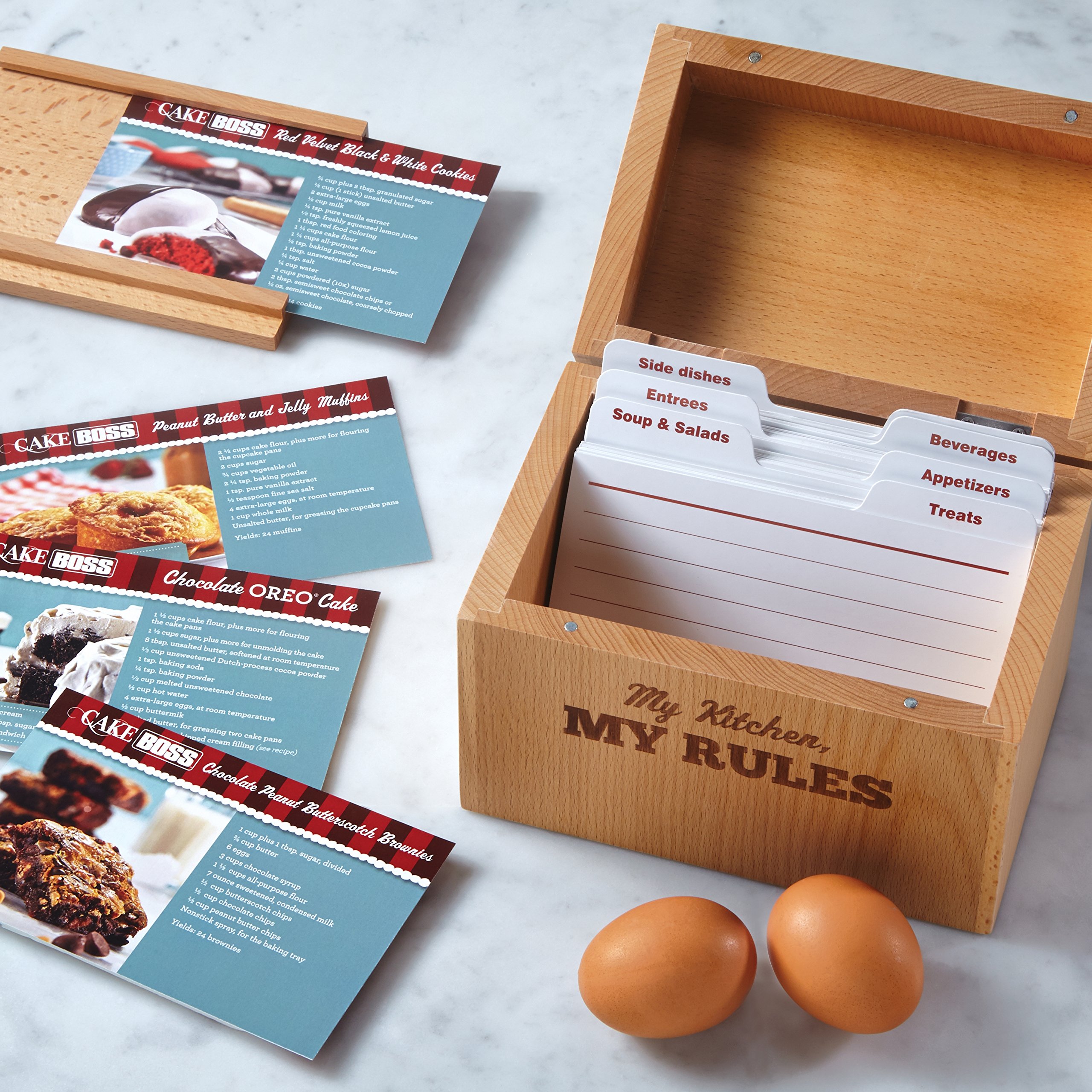 Premium Beechwood Recipe Box with 'My Kitchen, My Rules' Engraving - Cake Boss Countertop Organizer for Baking Recipes & Kitchen Storage - Perfect for Home Cooks, Bakers & Gift Giving