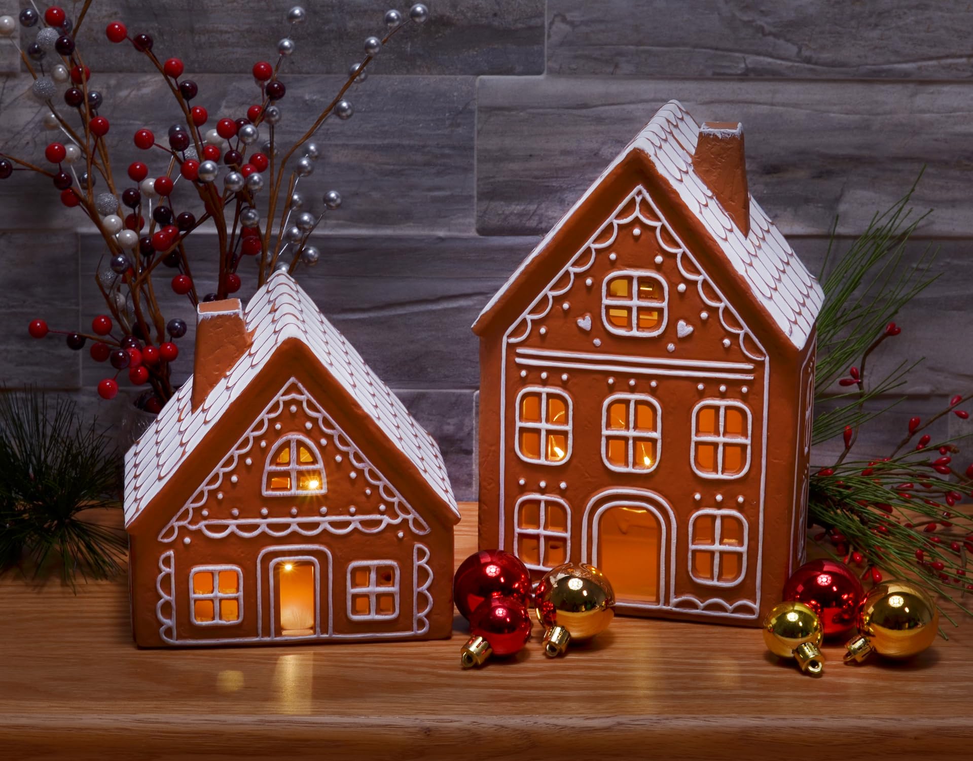 Mark Feldstein & Associates Ceramic Iced Gingerbread House LED Village Figurines - Set of 2 (9 Inch) - Christmas Decorations for Home, Holiday Table Centerpiece & Winter Village Display