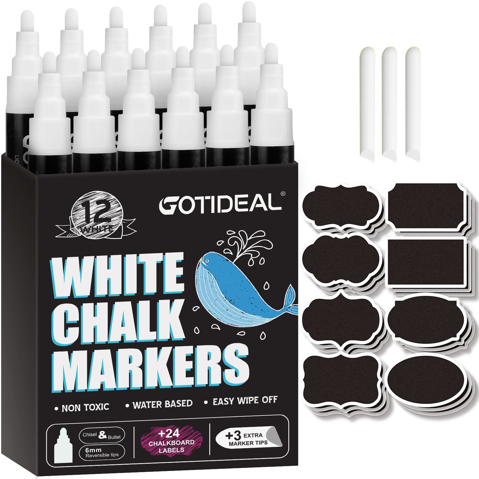 GOTIDEAL White Liquid Chalk Markers - 12 Pack Chalkboard Markers with 6mm Reversible Chisel & Bullet Tips for Car Windows, Signs, Blackboards, Glass Painting - Erasable & Non-Toxic - Perfect for Restaurants, Cafes, Retail Stores & Classroom Decorations