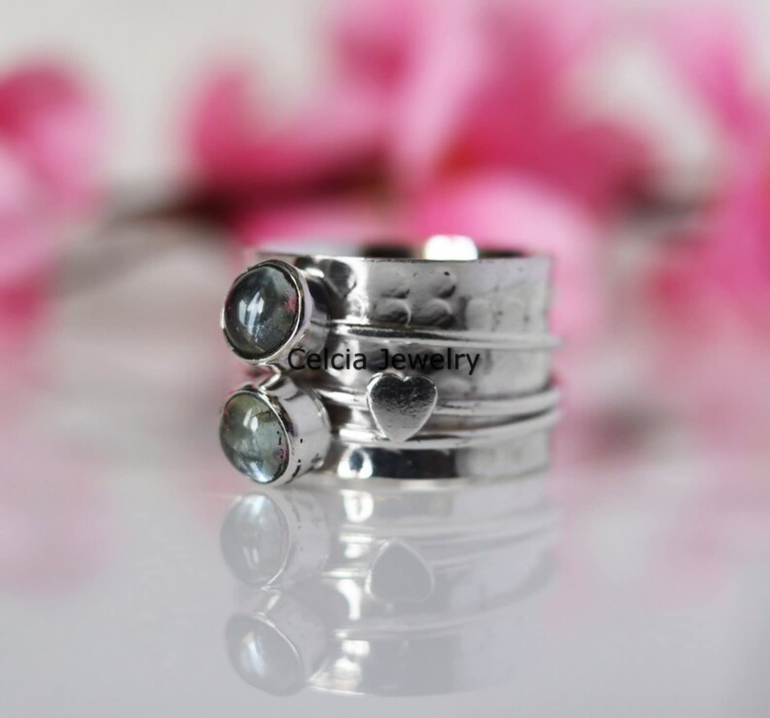 Natural Aquamarine Double Gemstone Heart Spinner Ring - Handmade Hammered Meditation & Fidget Ring for Stress Relief - March Birthstone Jewelry - Perfect Gift for Women, Girlfriend & Loved Ones (Size 7) - Ideal for Anxiety Relief, Mindfulness Practice & Stylish Everyday Wear
